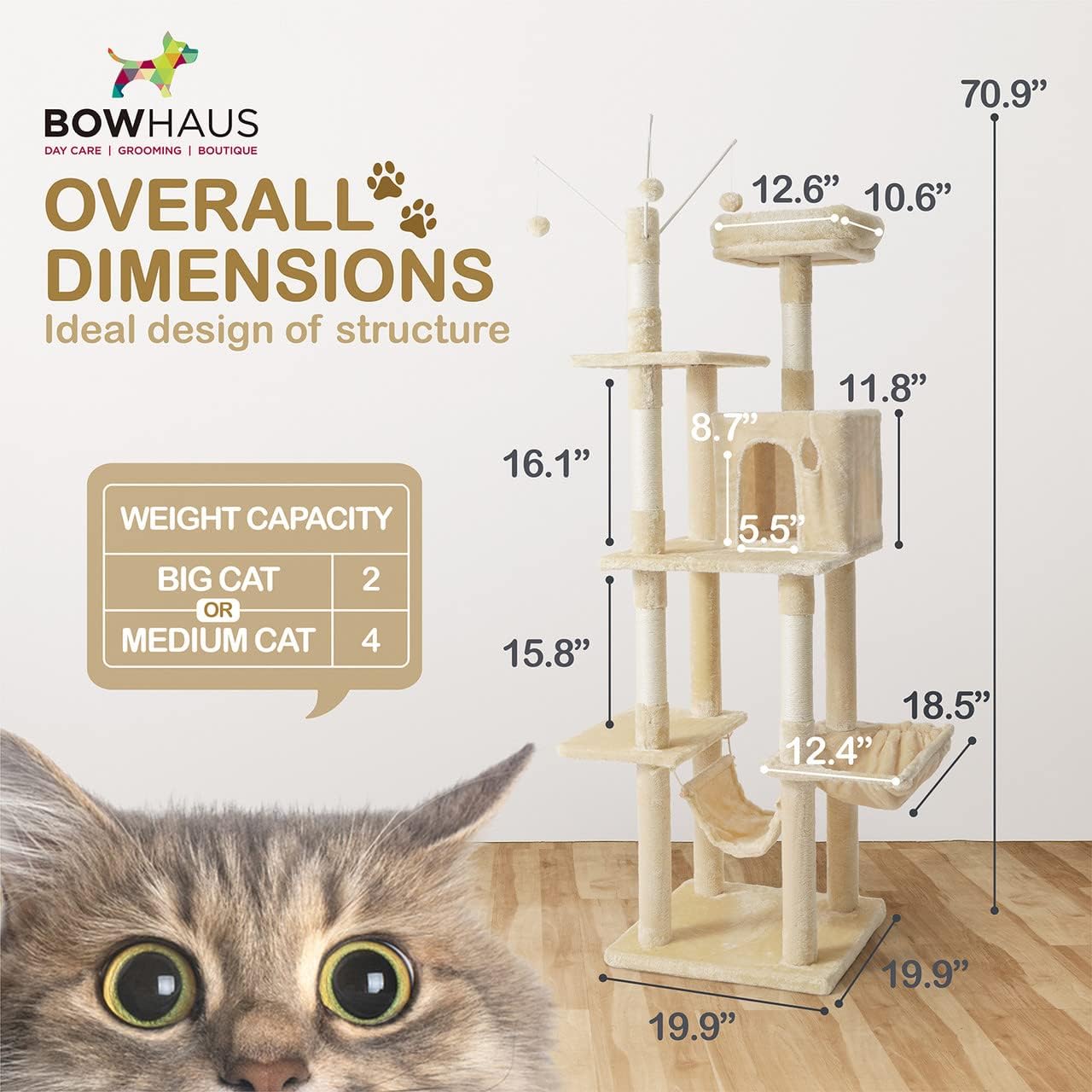 Caphaus Tall Cat Tree for Indoor Cats Modern Cute 70 Inch Climbing Play Tower with Top Perch for Large Kittens Multi Level Cat Activity Tree with Scratching Posts Hammock Cat Cave Condo