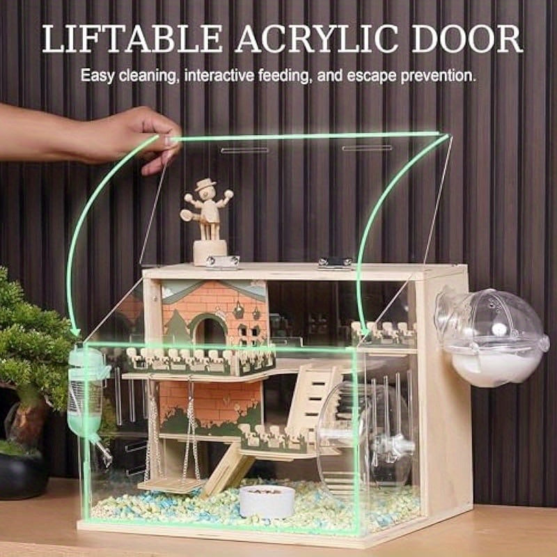 11 In 1 Hamster Cage with Wheel Swing Stairs Fence 3 Tier Large Habitat Heavy Duty Wooden and Acrylic Construction Spacious 15.8 Inch Small Pet House for Hamsters Mice Dwarf Hamsters and Hedgehogs Easy Assembly and Cleaning