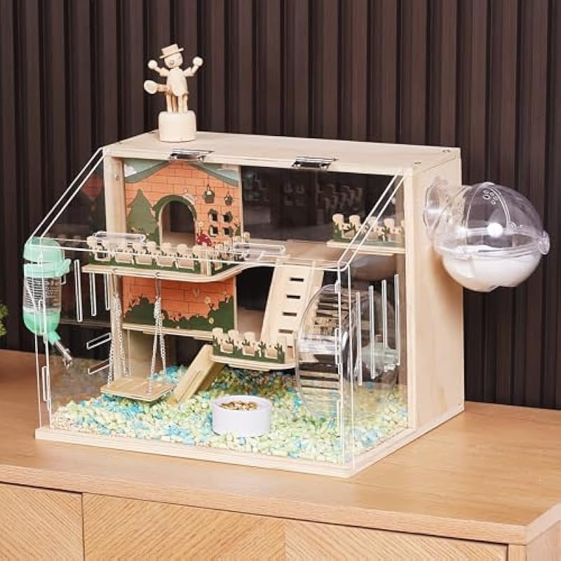 11 In 1 Hamster Cage with Wheel Swing Stairs Fence 3 Tier Large Habitat Heavy Duty Wooden and Acrylic Construction Spacious 15.8 Inch Small Pet House for Hamsters Mice Dwarf Hamsters and Hedgehogs Easy Assembly and Cleaning