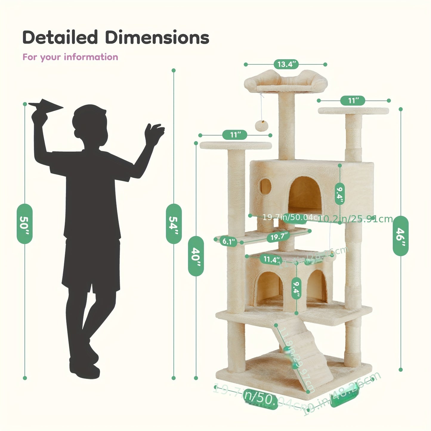 54in Cat Tree Tower for Indoor Cats with Multi-Level Design
