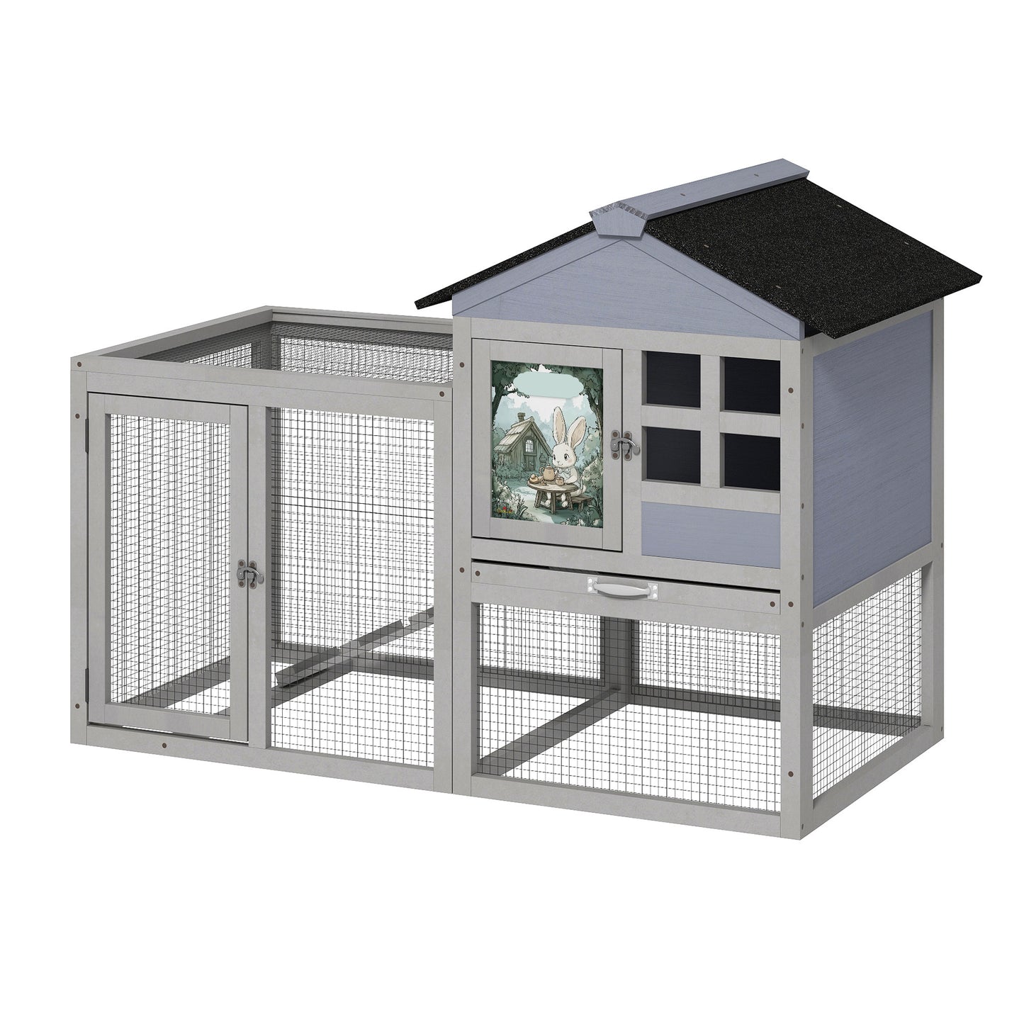 2-Tier Wood Rabbit Hutch with Removable Tray and Ramp
