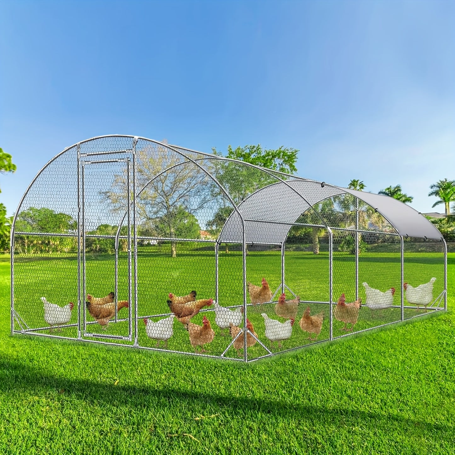 Large Metal Chicken Coop With Run Walk In Poultry Cage Dome Roofed Chicken Coops With Anti Ultraviolet Cover For Outdoor Backyard Farm