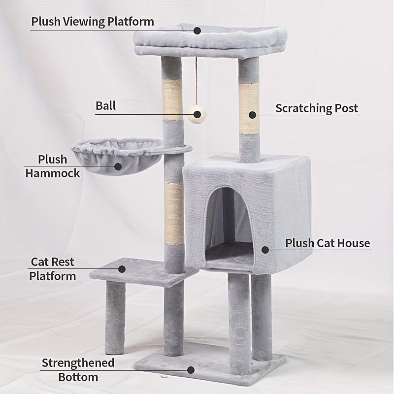 1pc Whisker Wonders Cat Tree Tower with Scratching Posts Fiberboard Material Interactive Playhouse for Cats Durable Sisal Scratcher Multi-Level Condo with Hammock and Perches Tree Tower for Cats
