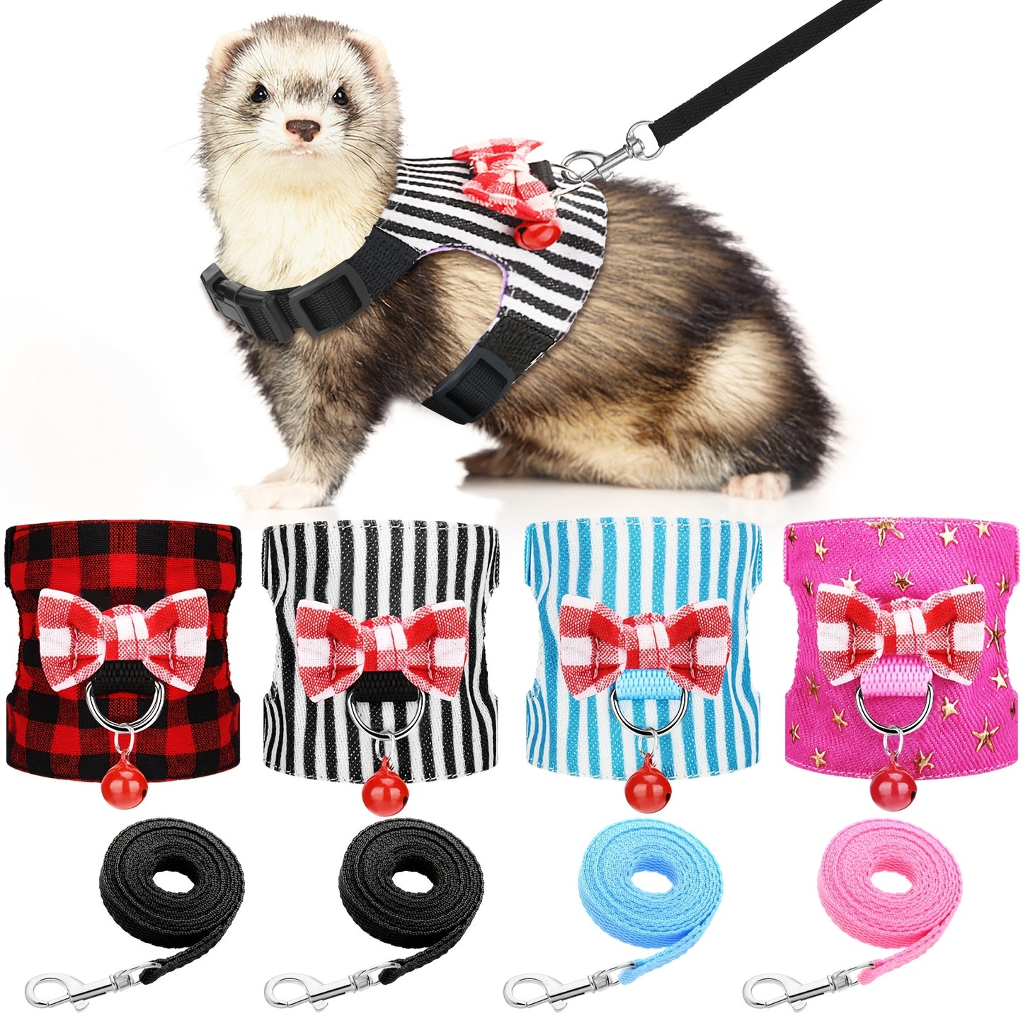 4pcs Small Pet Harness Vest and Leash Set with Cute Bowknot and Safe Bell for Outdoor Walking Rabbit Ferret Guinea Pig Bunny Hamster Puppy Kitten