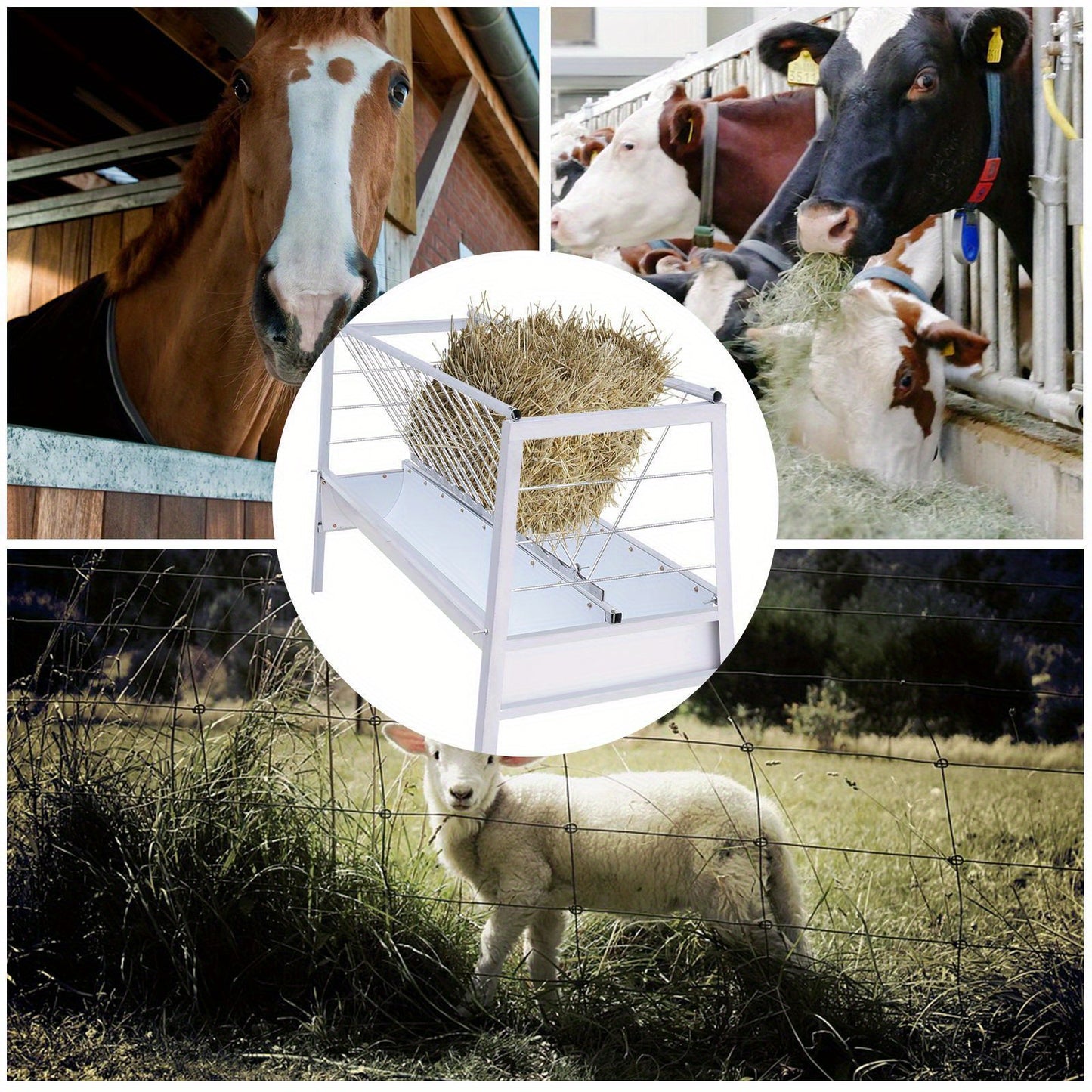 Heavy Duty Silvery Metal Livestock Feeder with Deep Pan Large Capacity Easy Clean Hay Rack for Goats Sheep and Miniature Horses