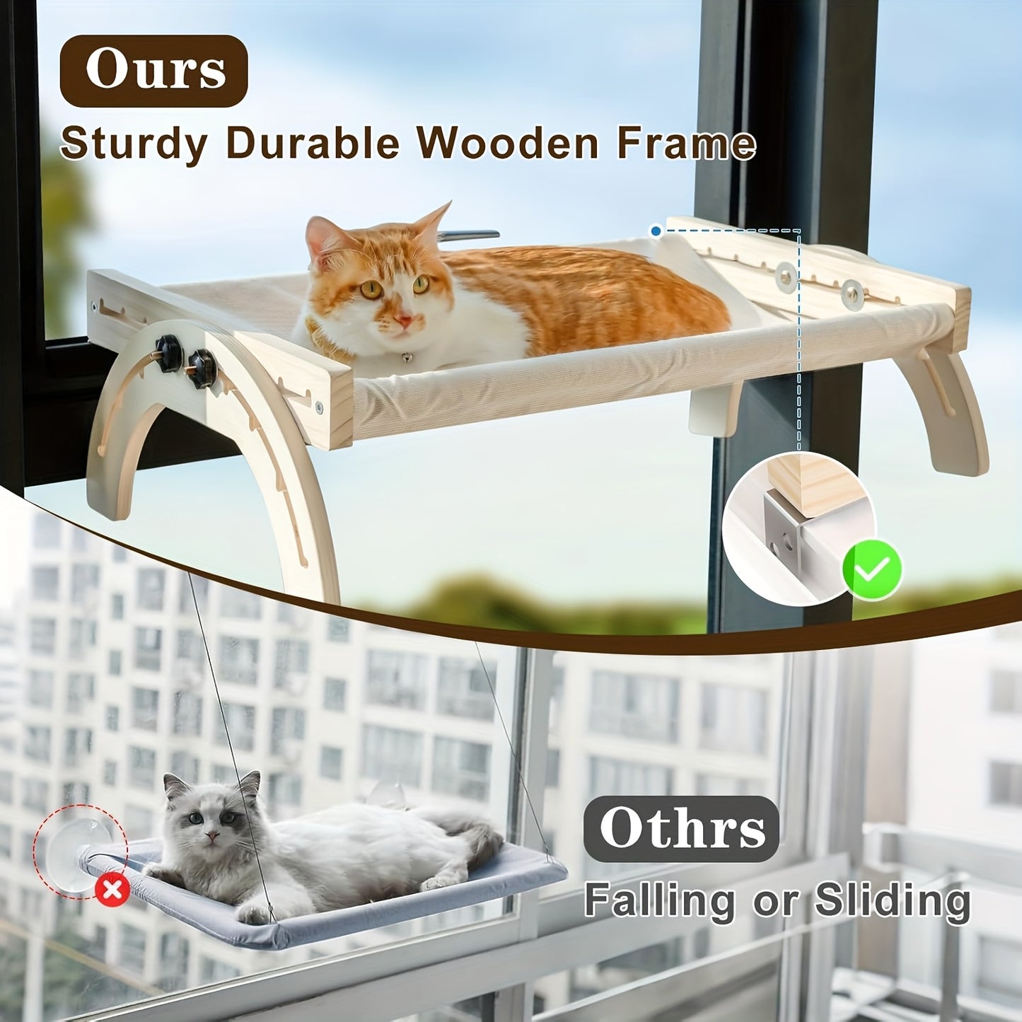 XIAZ Cat Window Perch Bed Adjustable 50LB Wooden Indoor Cat Bed with Dual Season Washable Cushion Perfect for Sunbathing Fits All Cat Breeds 27x16x8in Window Shelf for Cats