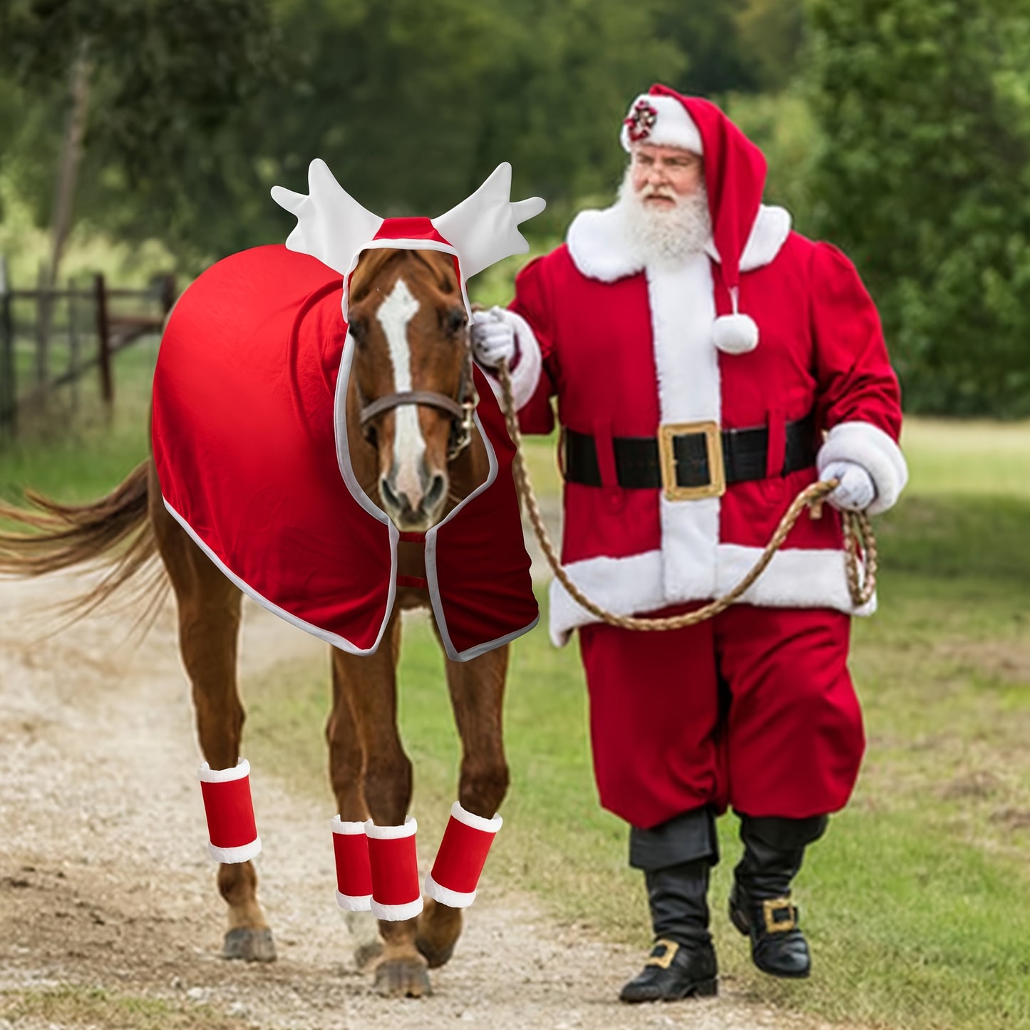 6 Pcs Horse New Year Outfit Velvet Horse Leg Covers Santa Cap Saddle Pad Festive Party Supplies