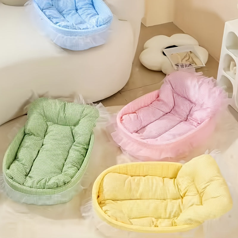 All Season Pet Bed for Dogs and Cats Checkered Small Bed with Soft Plush Fabric Washable and Detachable Pet Mat Non Sticky to Fur Easy to Clean Ruffle Details Cozy Sleeping for Indoor Cats and Small Dogs