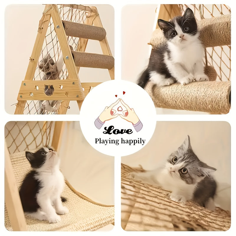 1pc 6 in 1 Deluxe Cat Tree Tower Multi Level Cat Activity Center with Real Wood and Sisal Rope Scratching Posts Climbing Net Hammock and Jumping Platforms Spacious Resting and Sleeping Areas for All Cat Breeds and Ages