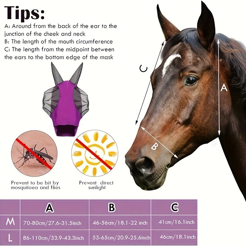 2pcs Horse Fly Masks With Ears Elastic UV Protection Fly Mask For Horses Breathable Mesh Smooth Fit Pink Purple Size M