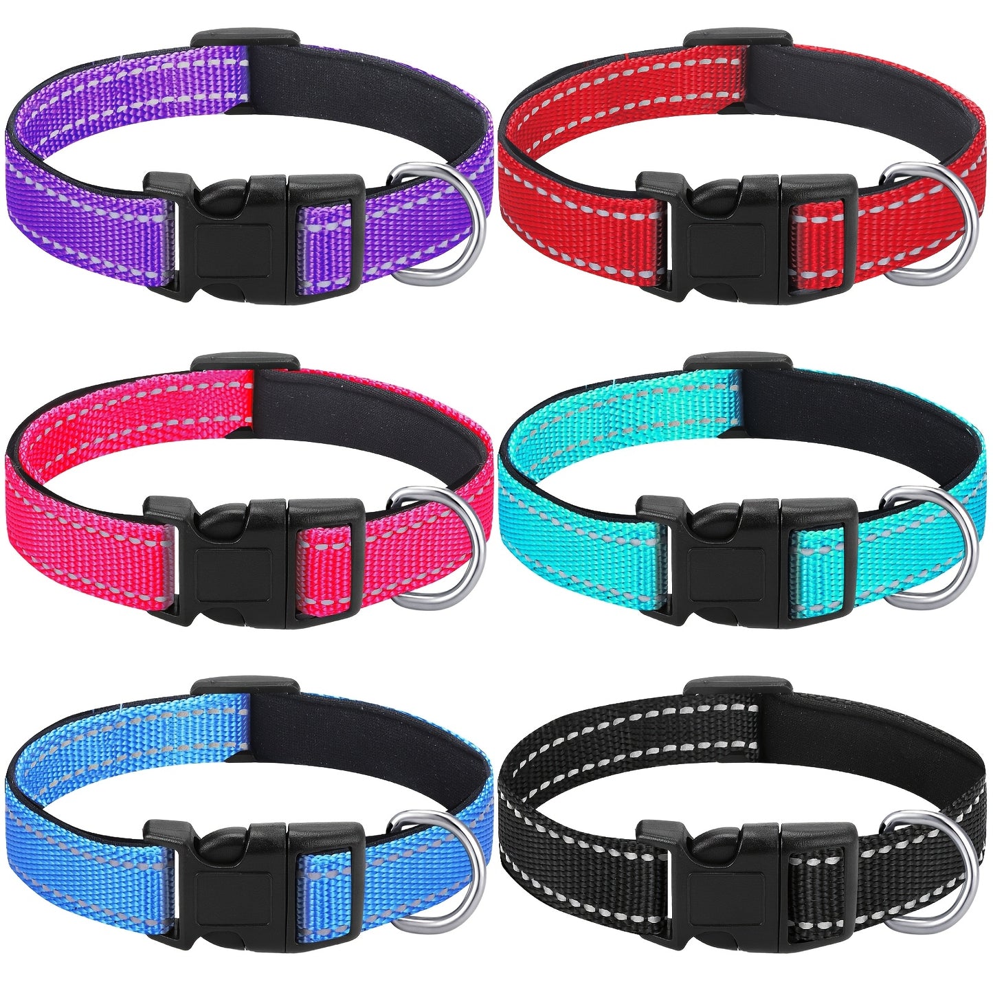 6 Pieces Reflective Dog Collar Soft Padded Breathable Nylon Adjustable Puppy Collar with Safety Locking Buckle for Dogs Cats Pets Accessories Fresh Color Large