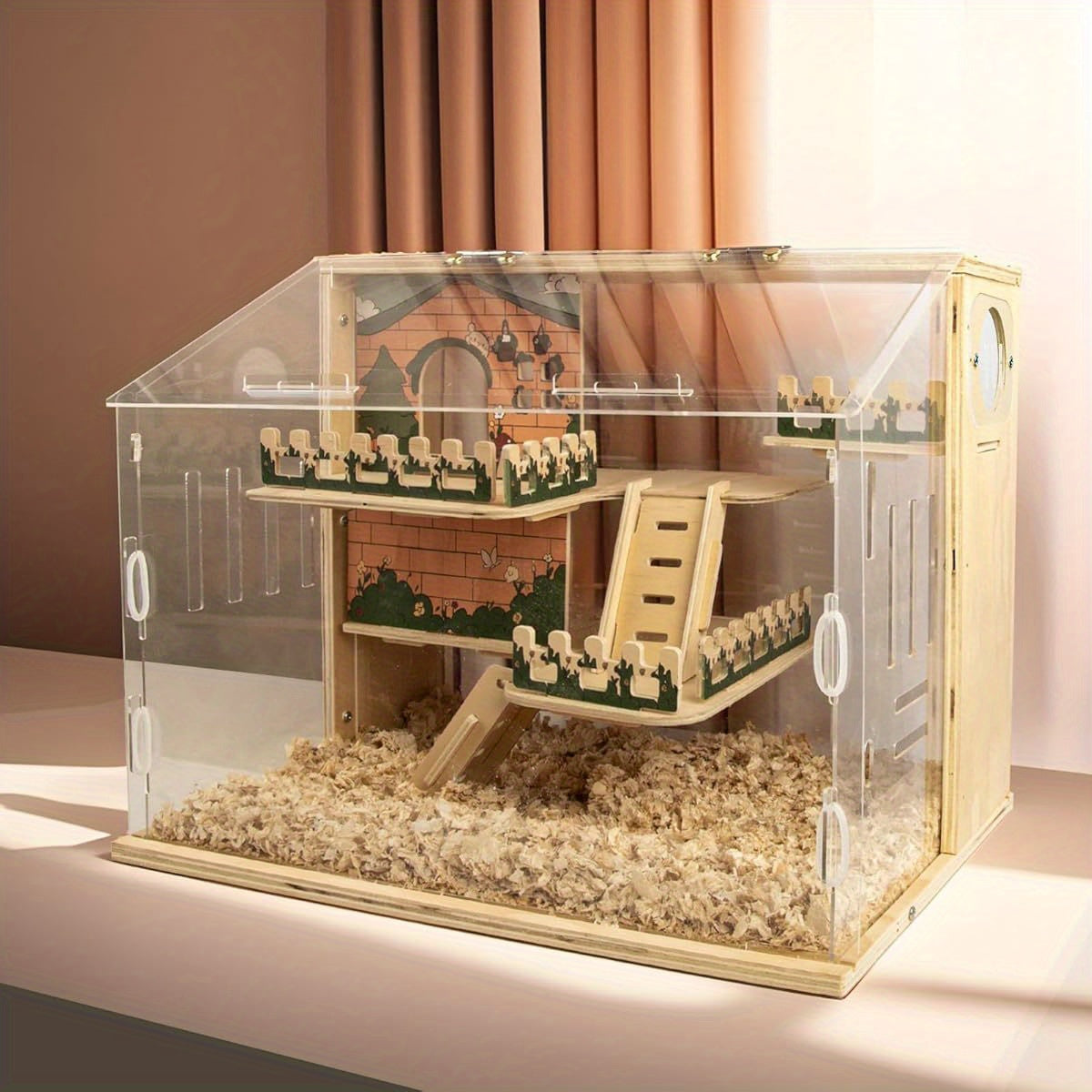 15.8 Inch 3 Tier Hamster Cage with Acrylic Top and Stairs Pastoral Style Small Animal Habitat for Mice and Hedgehogs Multi Level Ventilated Design Easy Clean Base and Accessories