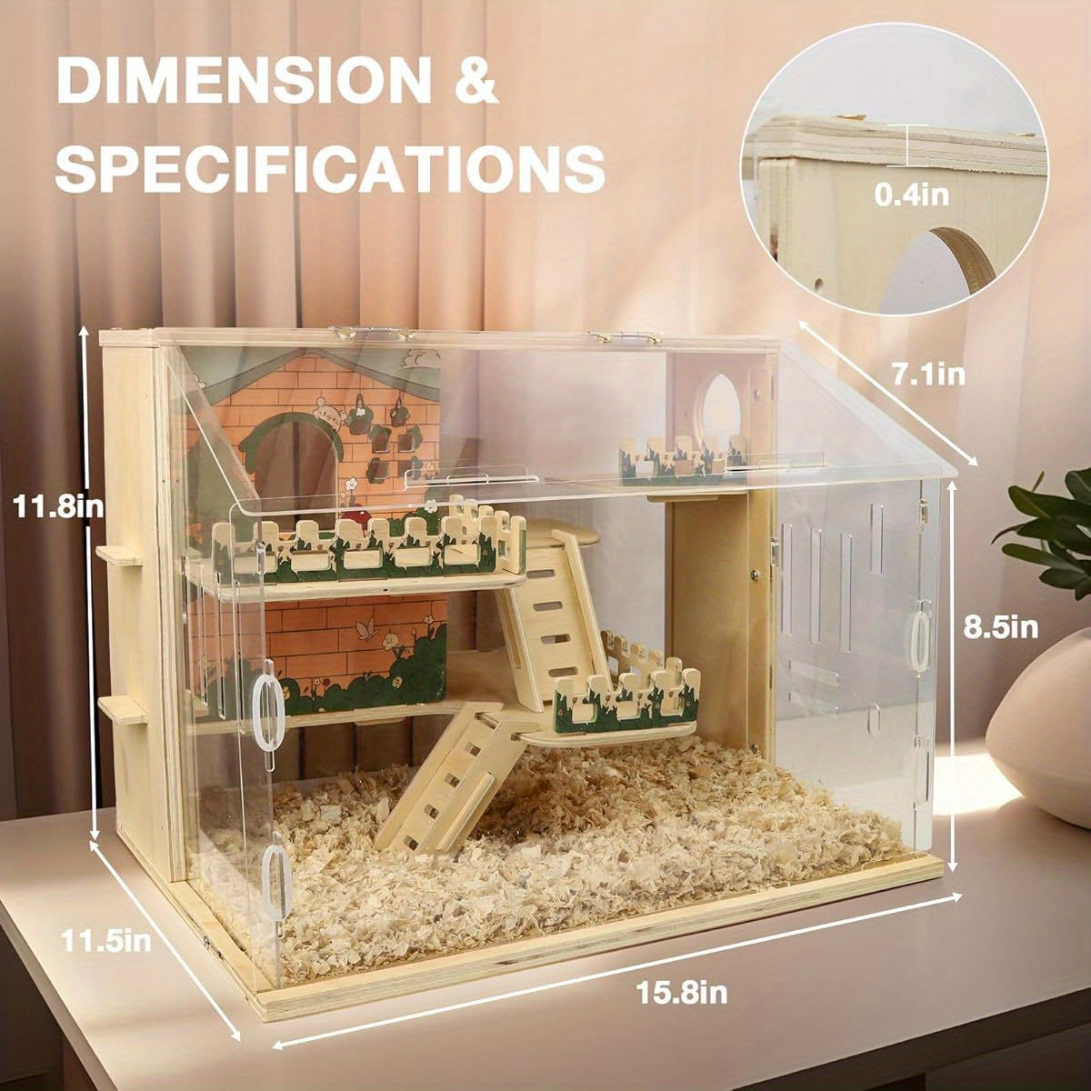 15.8 Inch 3 Tier Hamster Cage with Acrylic Top and Stairs Pastoral Style Small Animal Habitat for Mice and Hedgehogs Multi Level Ventilated Design Easy Clean Base and Accessories