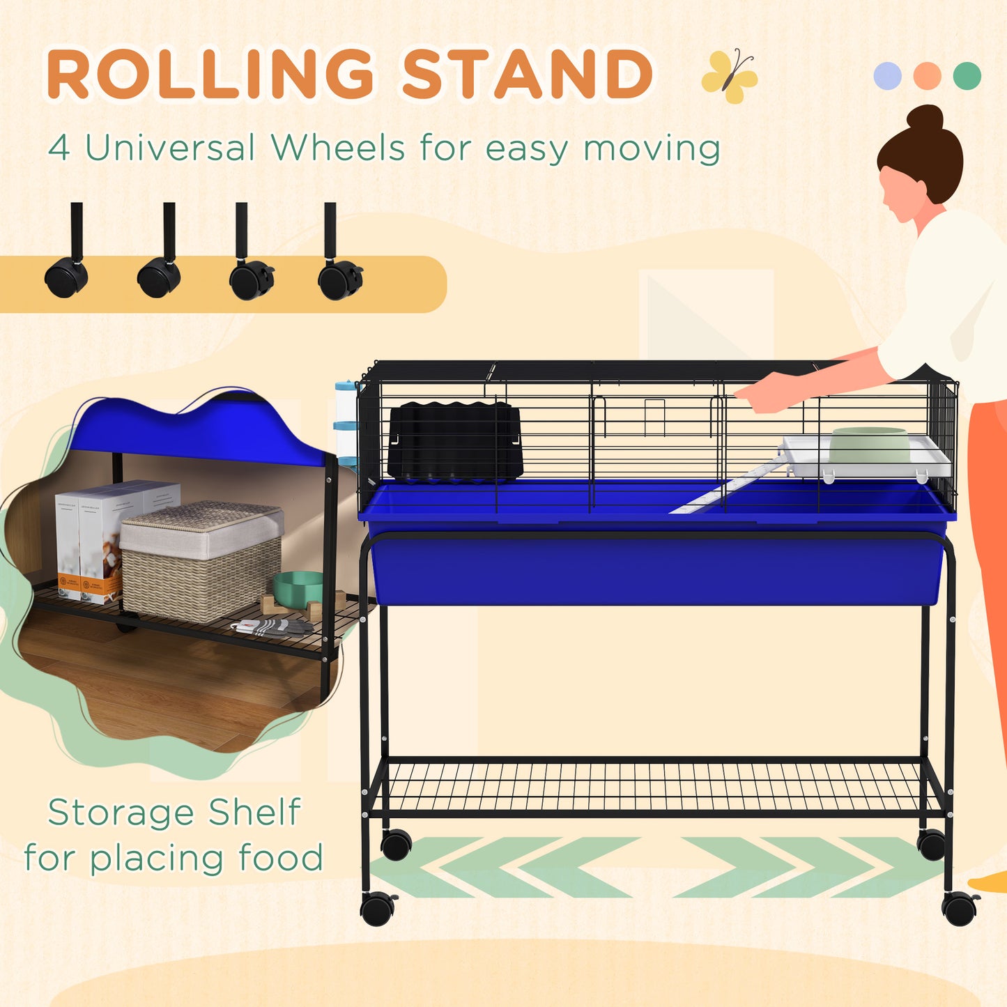 PawHut Two Story Small Animal Cage Removable from Stand Guinea Pig Hedgehog Chinchilla Ferret with Shelf and Wheels Pet Habitat