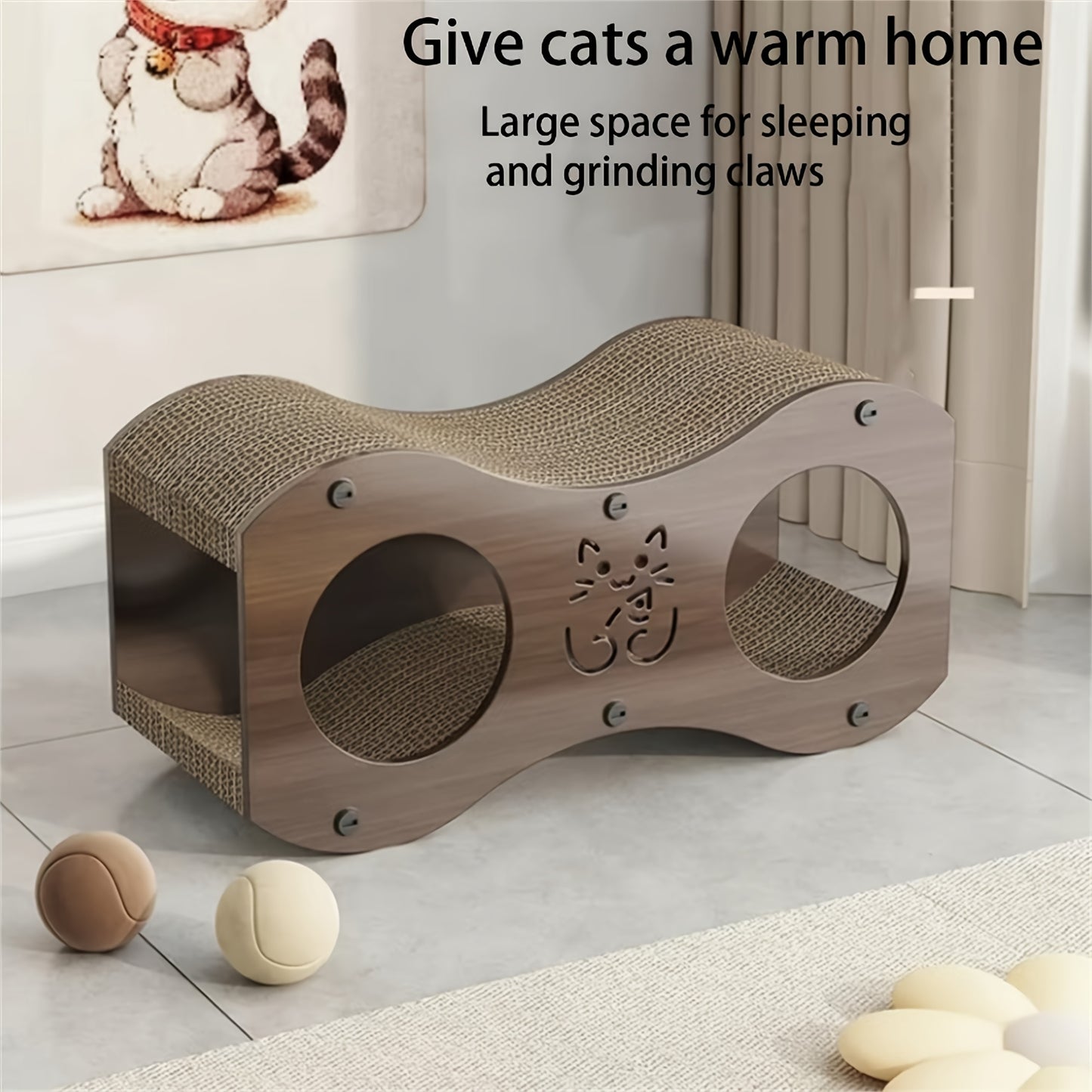 Durable Walnut Wood Cat Scratcher Lounge Cozy All Season Kitty Play Sofa and Bed with Non Shedding Woven Nest and Integrated Scratch Pad