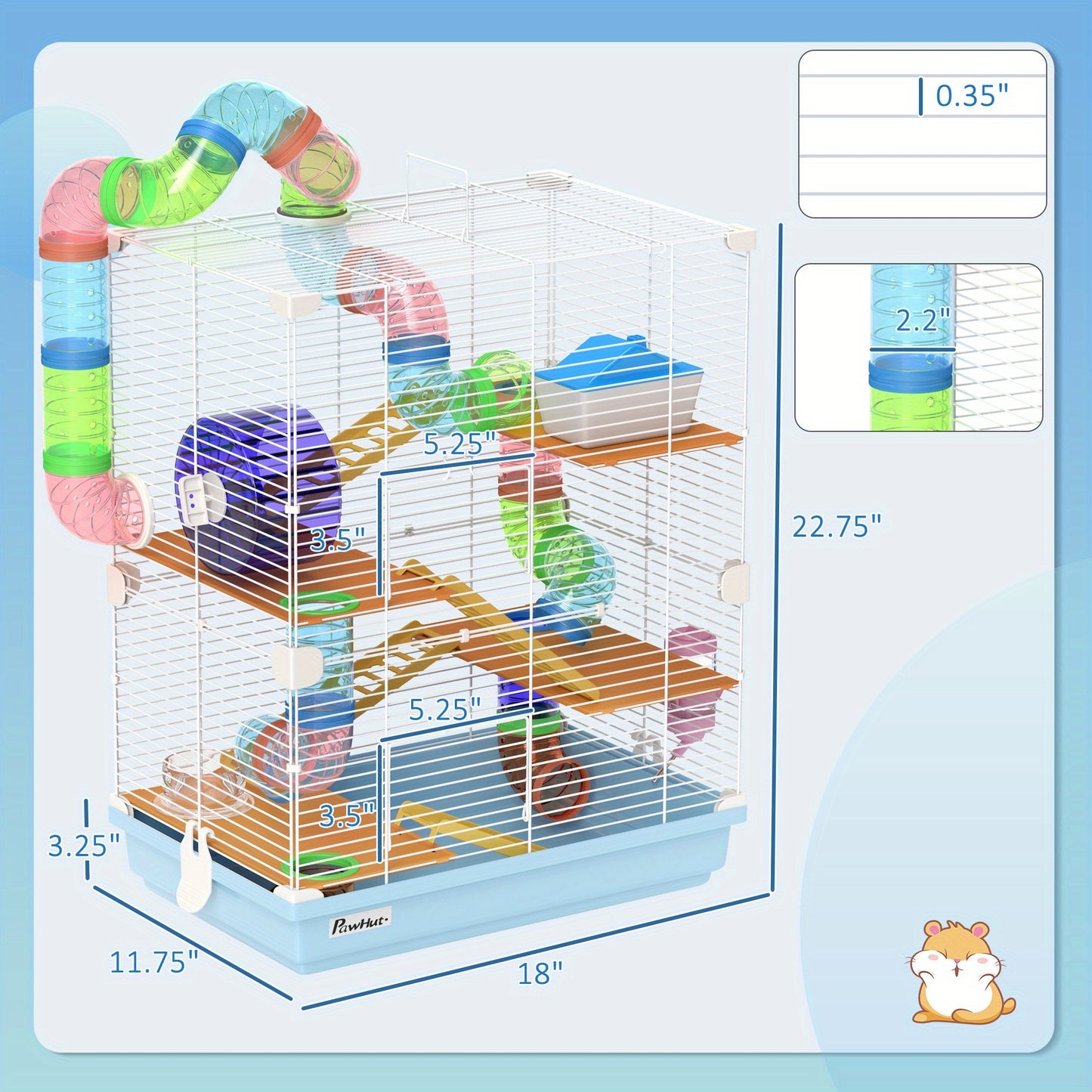 PawHut 18 Inch 5 Tier Hamster Cage with Tubes and Tunnels Small Animal Cage with Portable Carry Handle Gerbil Cage with Water Bottle Food Dish Exercise Wheel Light Blue