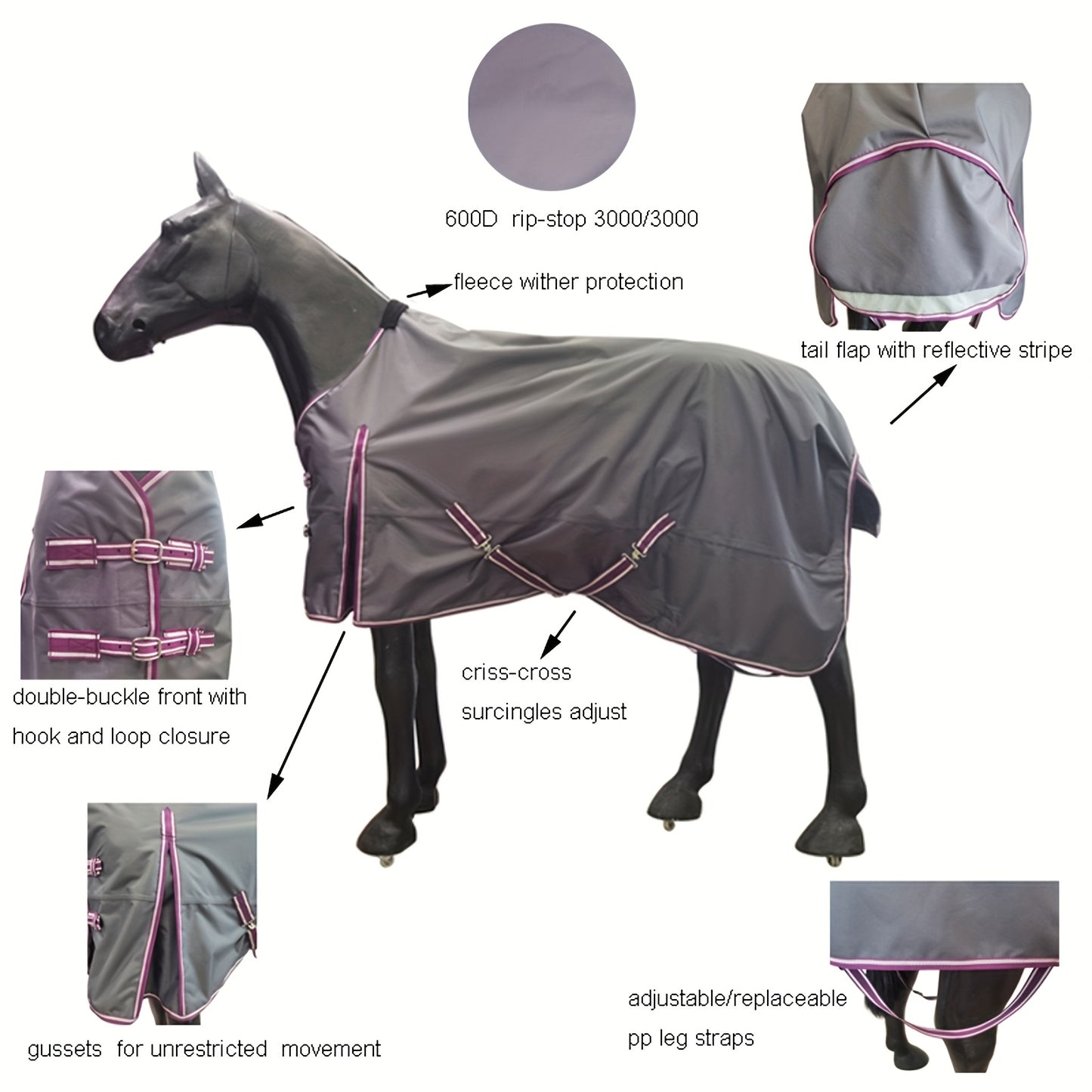 Barn and Stable 600D 3000mm Waterproof and Breathable Horse Rain Sheet Turnout Blanket with Fleece Withers Protection and Double Gusset Front Lightweight All Breed Horse