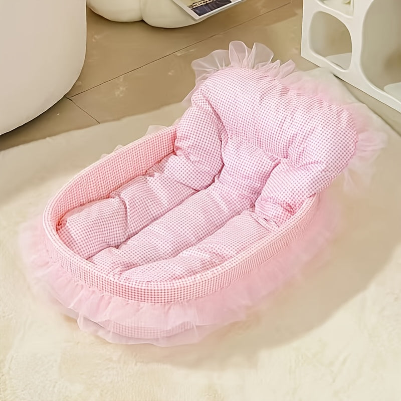 All Season Pet Bed for Dogs and Cats Checkered Small Bed with Soft Plush Fabric Washable and Detachable Pet Mat Non Sticky to Fur Easy to Clean Ruffle Details Cozy Sleeping for Indoor Cats and Small Dogs