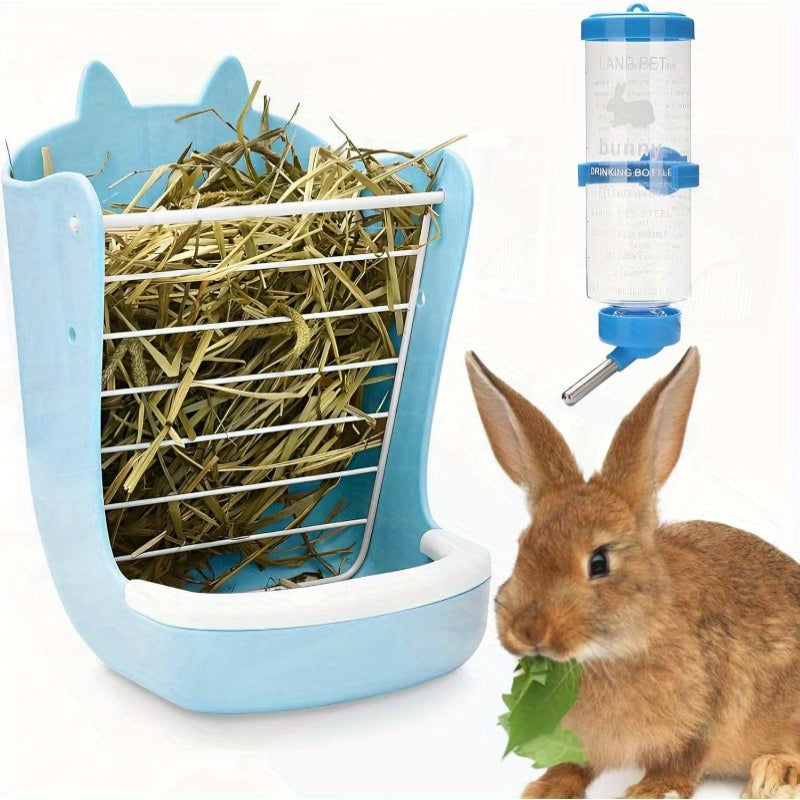 Rabbit Hay Feeder Rack with Bowl and Water Bottle for Grass and Food Blue