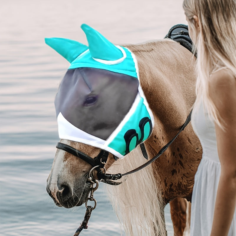 Mosquito Proof Horse Mask with Ears and Nose Breathable Mesh Summer Fly Mask Teal and White Design for Outdoor Riding and Stable Use Stylish Equestrian Gear