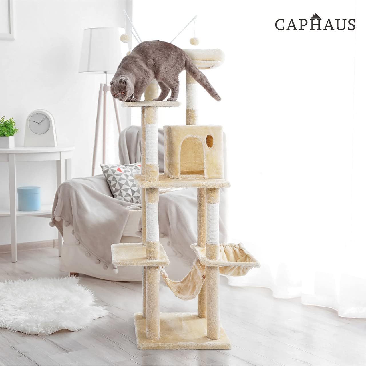 Caphaus Tall Cat Tree for Indoor Cats Modern Cute 70 Inch Climbing Play Tower with Top Perch for Large Kittens Multi Level Cat Activity Tree with Scratching Posts Hammock Cat Cave Condo