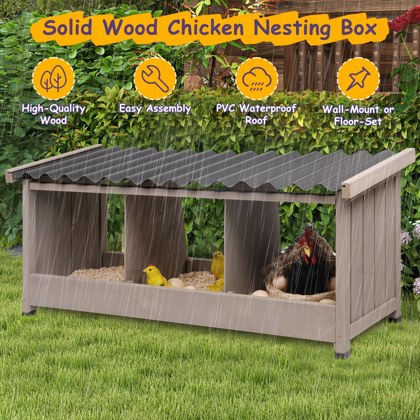 KETIVE Chicken Nesting Box Wall Mounted Wooden Coop Accessories With PVC Roofing 3 Compartments For Hens And Ducks Indoor Or Outdoor Use