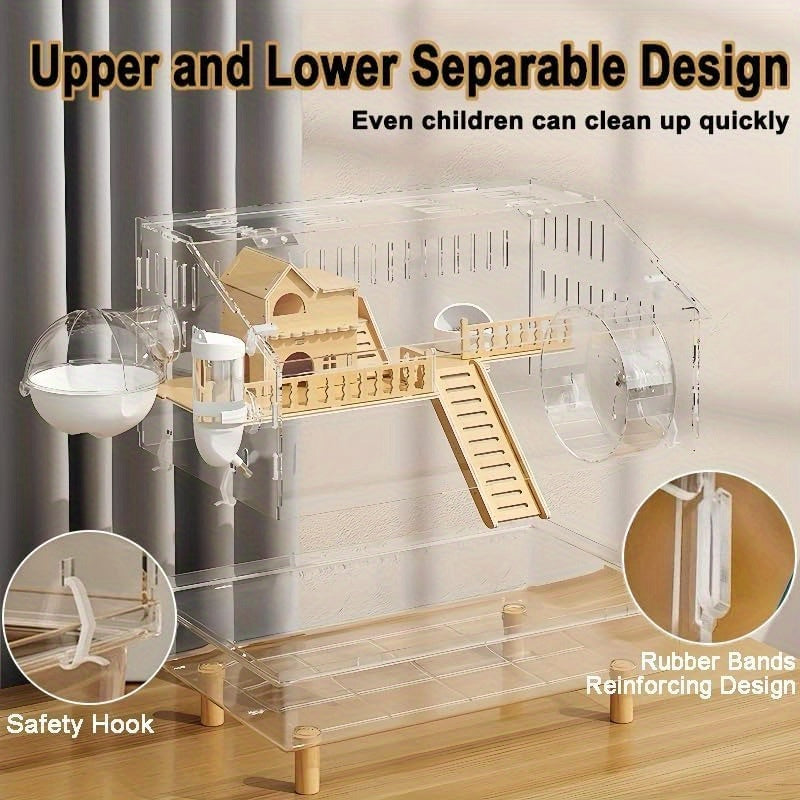 8 in 1 Acrylic Hamster Cage with All Accessories 2 Tier Transparent Habitat Top Open Detachable Design 18.5 x 11.8 x 14.6 Inch for Dwarf Hamsters Gerbils Mice Includes Wooden House Silent Wheel and Easy Assembly
