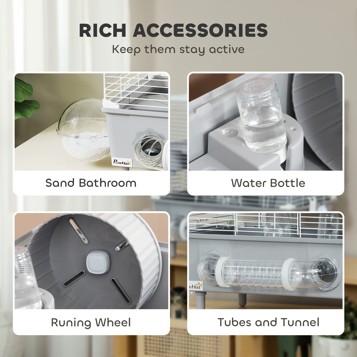 2 Tier Hamster Cage with Sand Bathroom Running Wheel Water Bottle Tubes Accessories Small Animal Cage 17.5 x 11 x 17 Gray