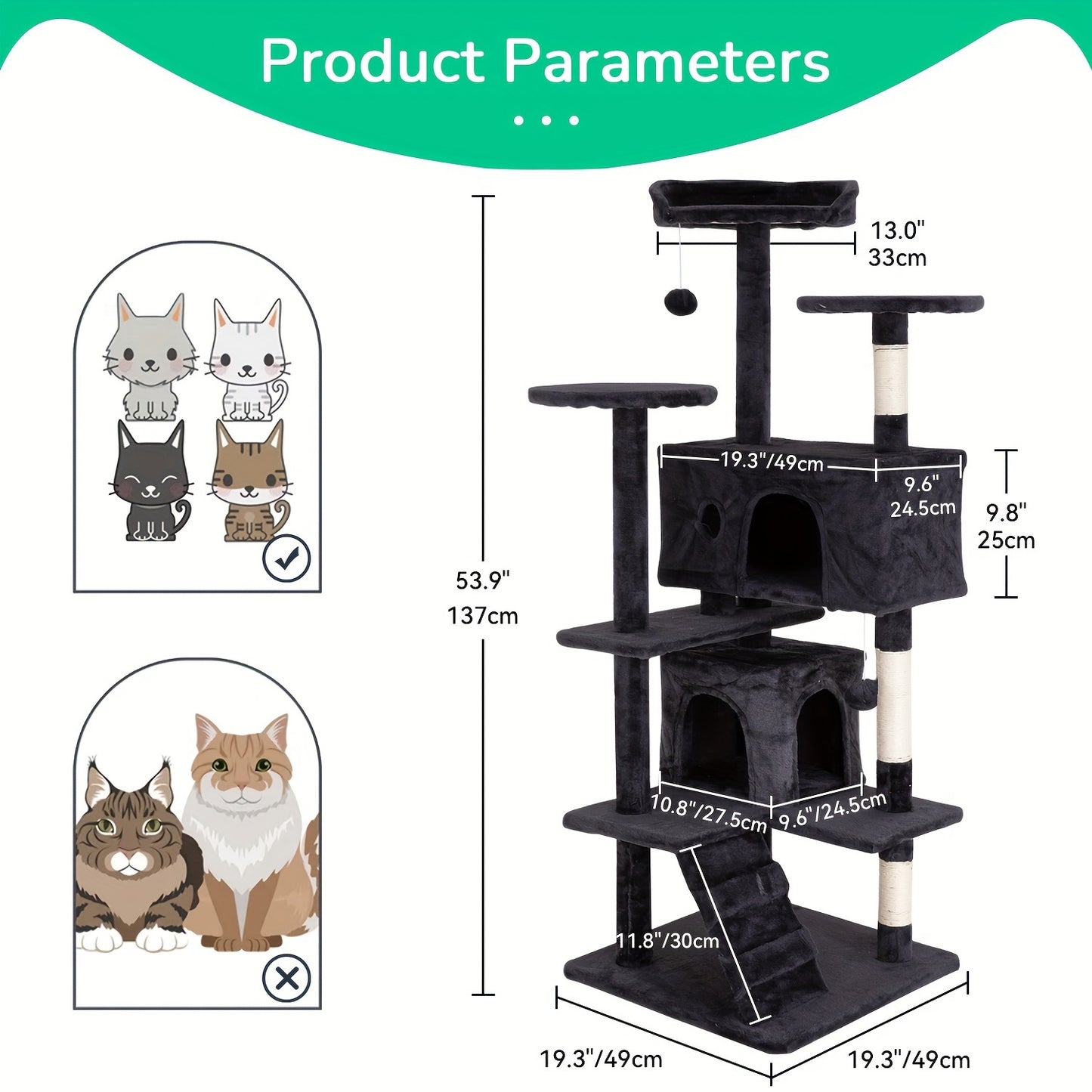 DOPINMIN 54 Inch Cat Tree Tower For Indoor Cats Multi Level Furniture Activity Center With Scratching Posts Stand House Condo Funny Toys Kittens Pet Play House Dark Gray