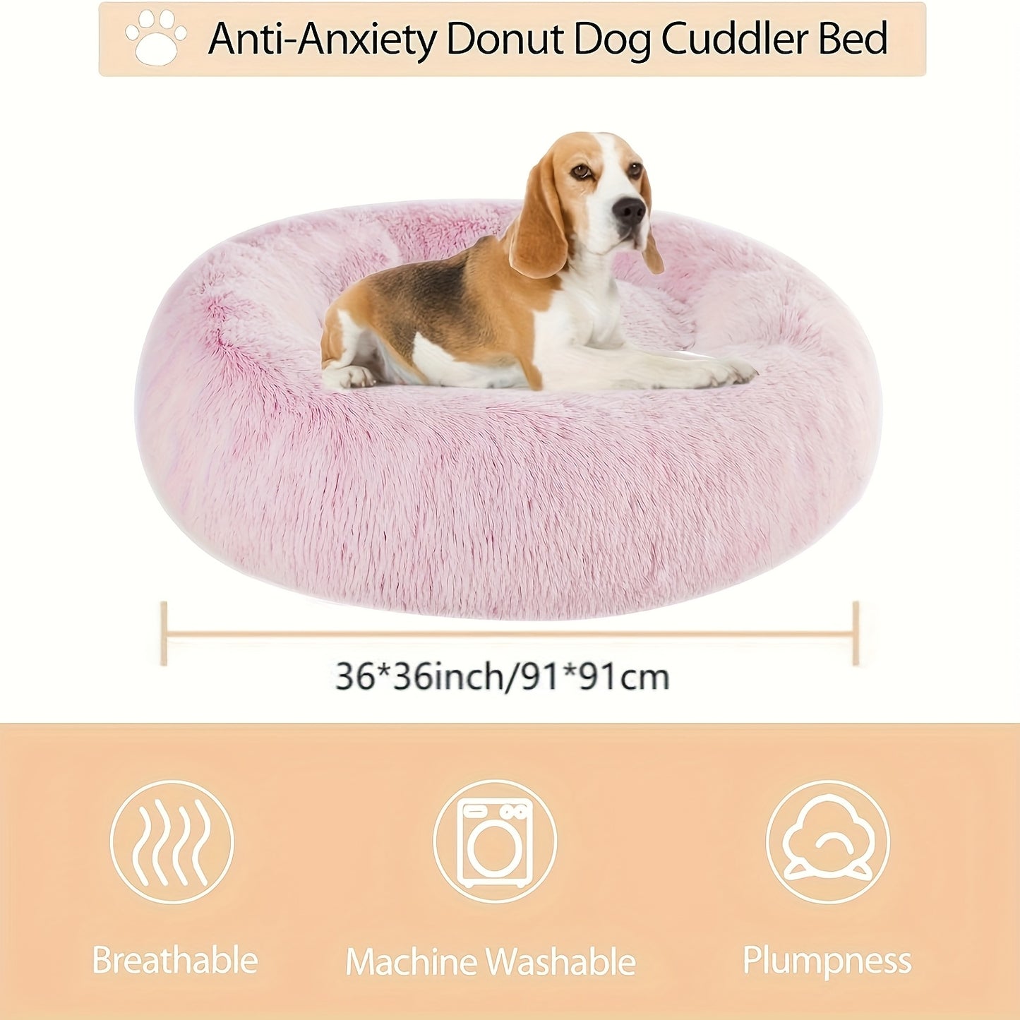 WNPETHOME Calming Anti-Anxiety Donut Dog Bed and Cat Cushion Fluffy Faux Fur Pet Bed with Non-Slip Bottom 4 Sizes for Small Medium and Large Dogs and Cats Pink Circular Design for All-Season Comfort
