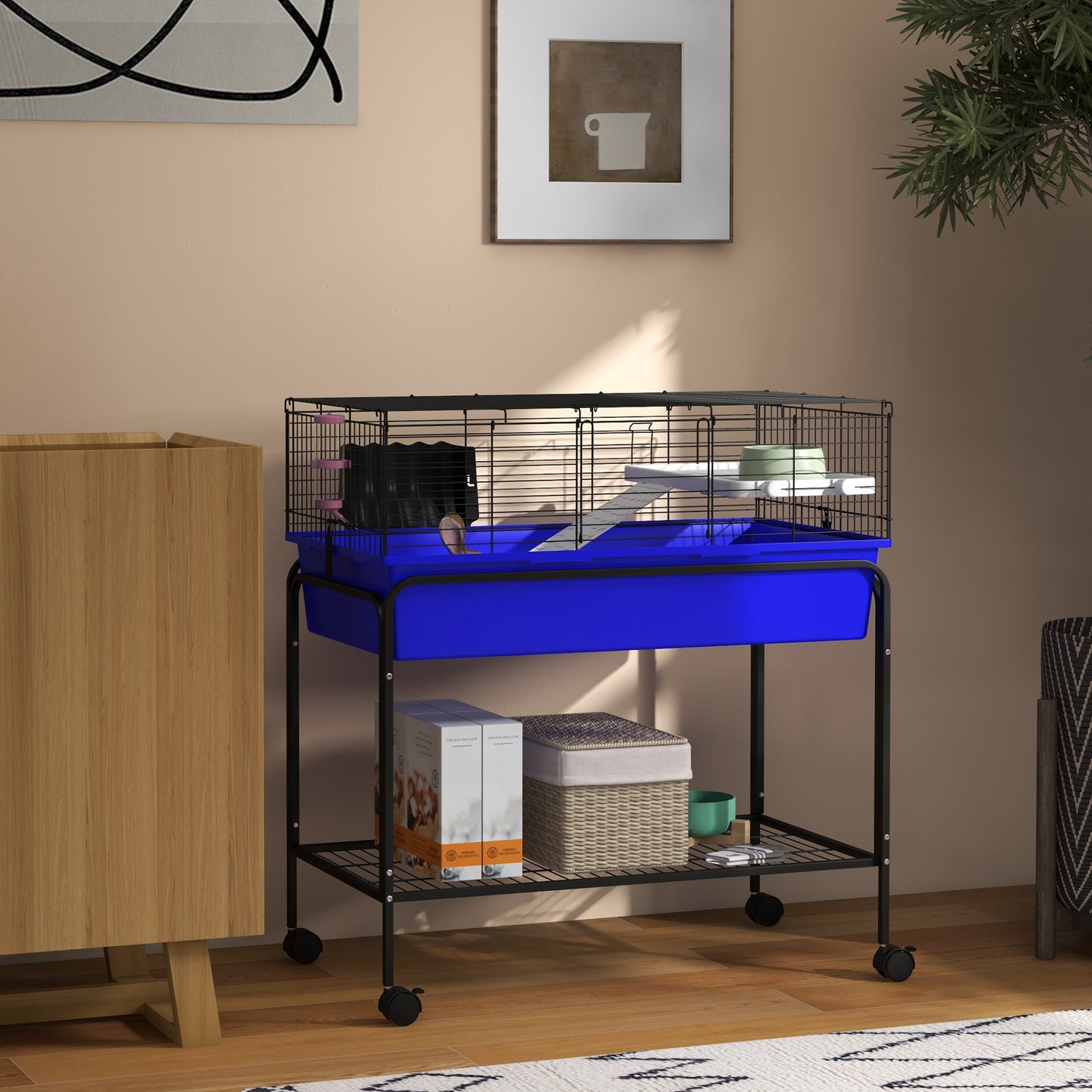 PawHut Two Story Small Animal Cage Removable from Stand Guinea Pig Hedgehog Chinchilla Ferret with Shelf and Wheels Pet Habitat