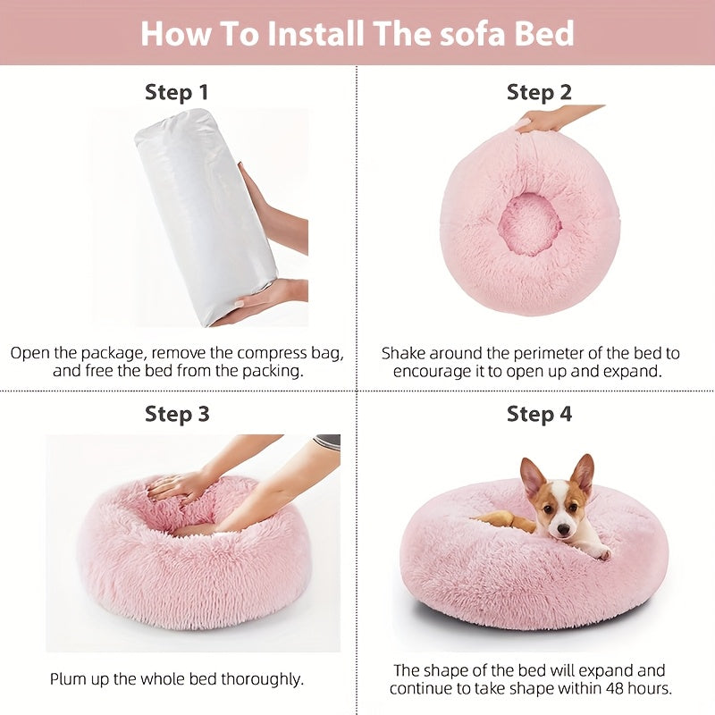 WNPETHOME Calming Anti-Anxiety Donut Dog Bed and Cat Cushion Fluffy Faux Fur Pet Bed with Non-Slip Bottom 4 Sizes for Small Medium and Large Dogs and Cats Pink Circular Design for All-Season Comfort