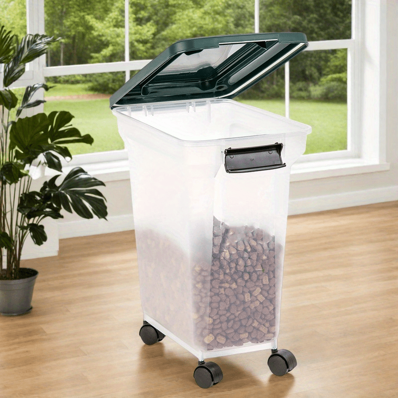 Airtight Pet Food Storage Container 22lb Capacity Clear Rectangular Design with Wheels Durable Easy Clean for Dog Cat Food Freshness Preservation Secure Lid Seal Transparent Body