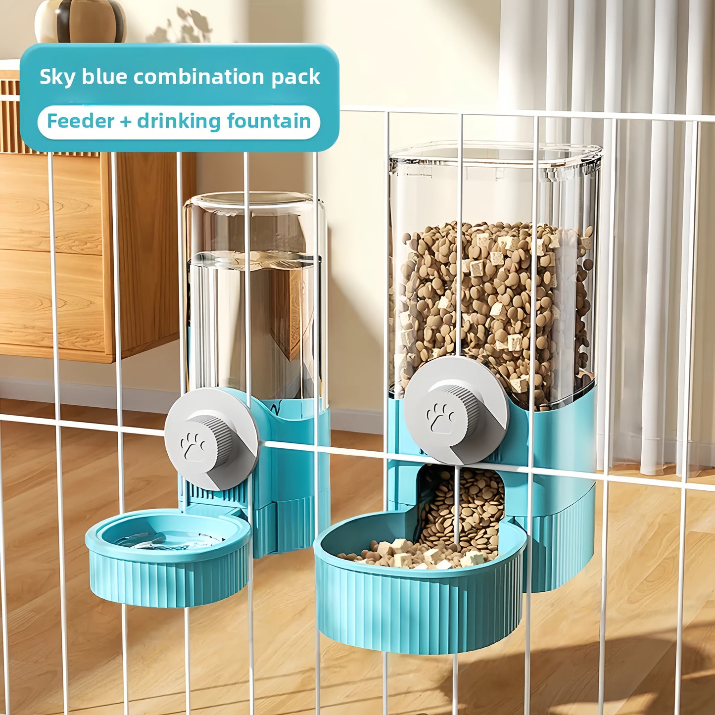 40.58 Ounce Large Capacity Cage Type Suspended Automatic Feeder and Drinking Water Set for Pets Including Rabbits Cats Dogs and Guinea Pigs Gray