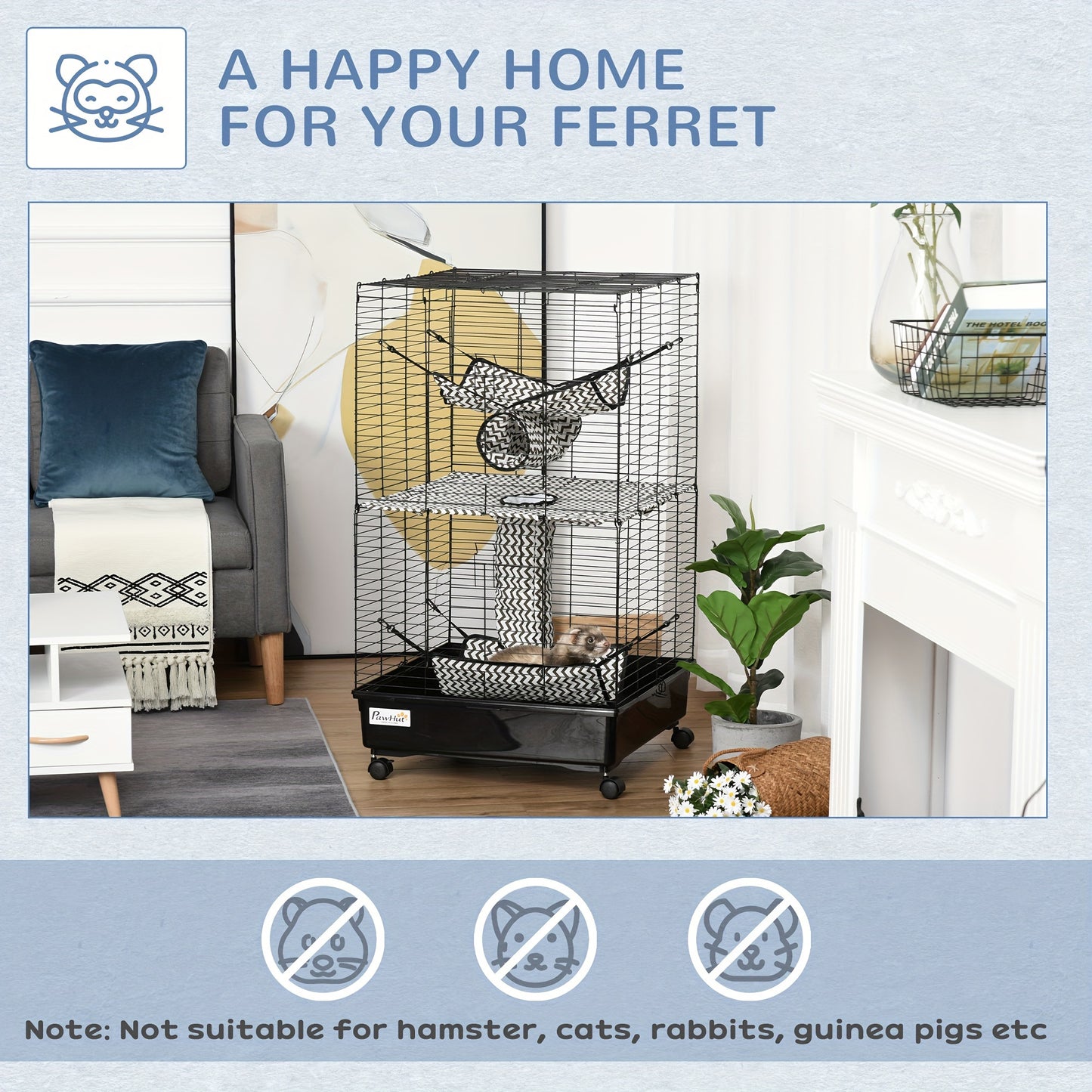 PawHut 42" Ferret Cage with Wheels and Hammocks, Black