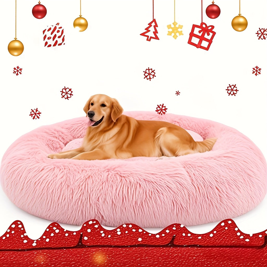 WNPETHOME Calming Anti-Anxiety Donut Dog Bed and Cat Cushion Fluffy Faux Fur Pet Bed with Non-Slip Bottom 4 Sizes for Small Medium and Large Dogs and Cats Pink Circular Design for All-Season Comfort