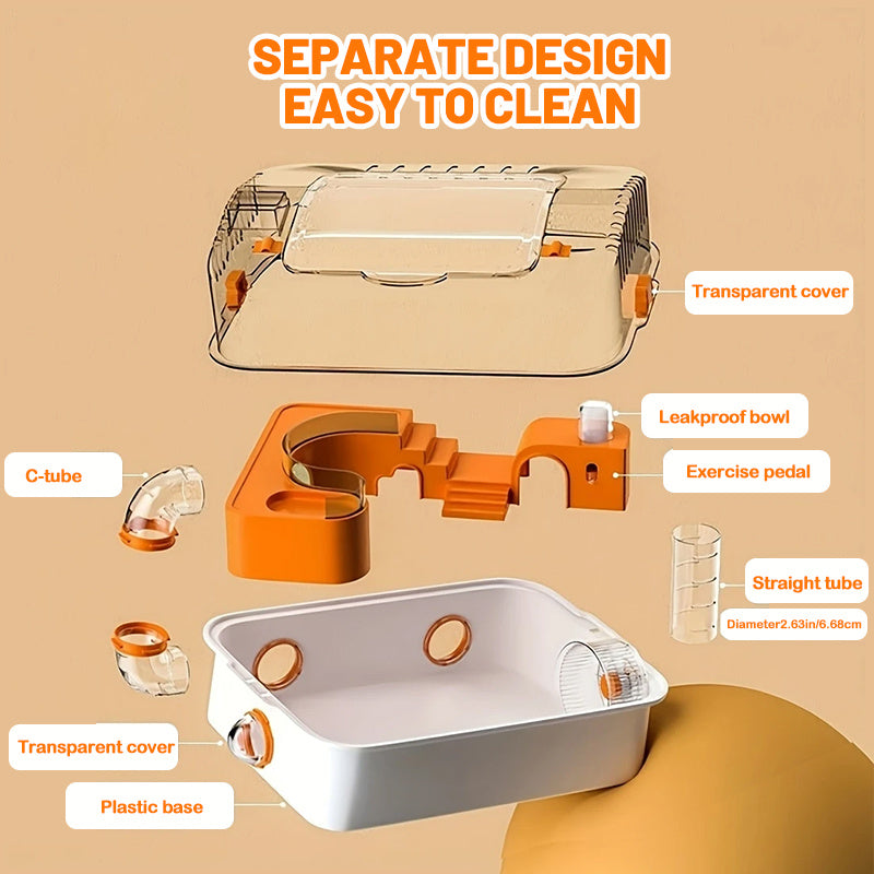 Mozeat Lens Spacious Small Pet Cage for Hamsters Mice Gerbils with Water Bottle Exercise Wheel Food Tray and Cozy Hideout Durable White Plastic with Orange Accents