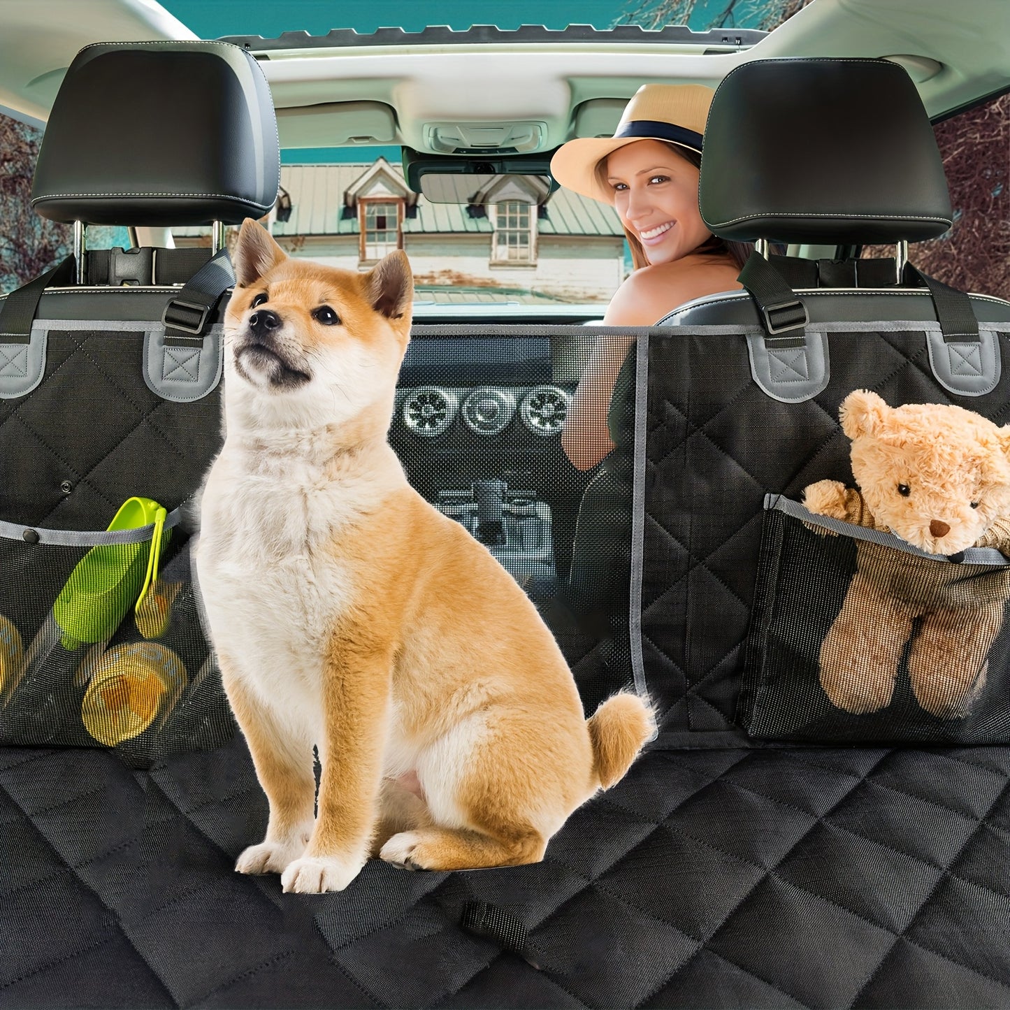 Waterproof Dog Car Seat Cover for Back Seat and Trunk Liner Durable Polyester Pet Cargo Liner with Removable Foldable Design Black and White Piping Fits SUVs Cars and Vehicles Easy Clean Material