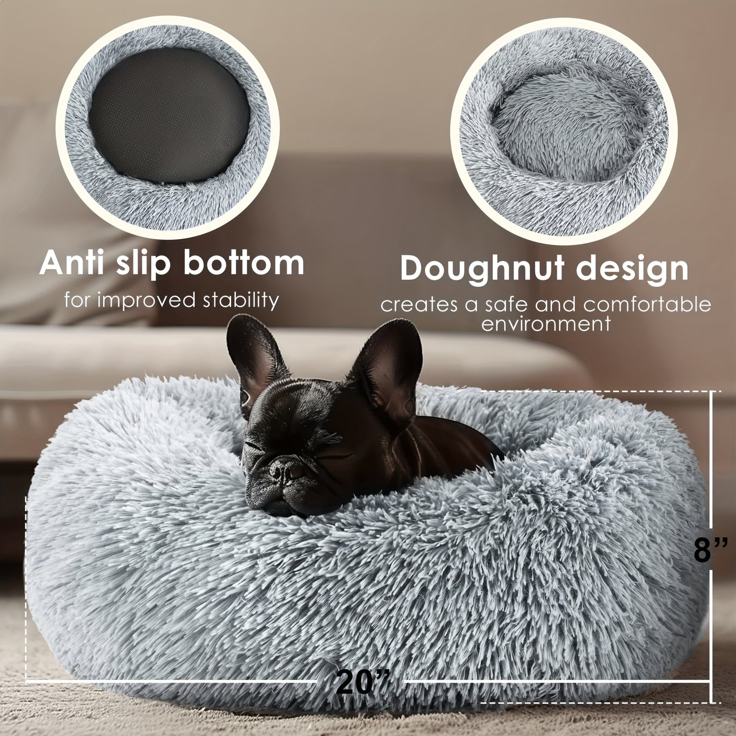 Calming Donut Pet Bed for Small and Medium Dogs and Cats Washable Round Fluffy Polyester Bed with Plush Comfort Indoor Cozy Bedding for Puppies Kittens and French Bulldogs