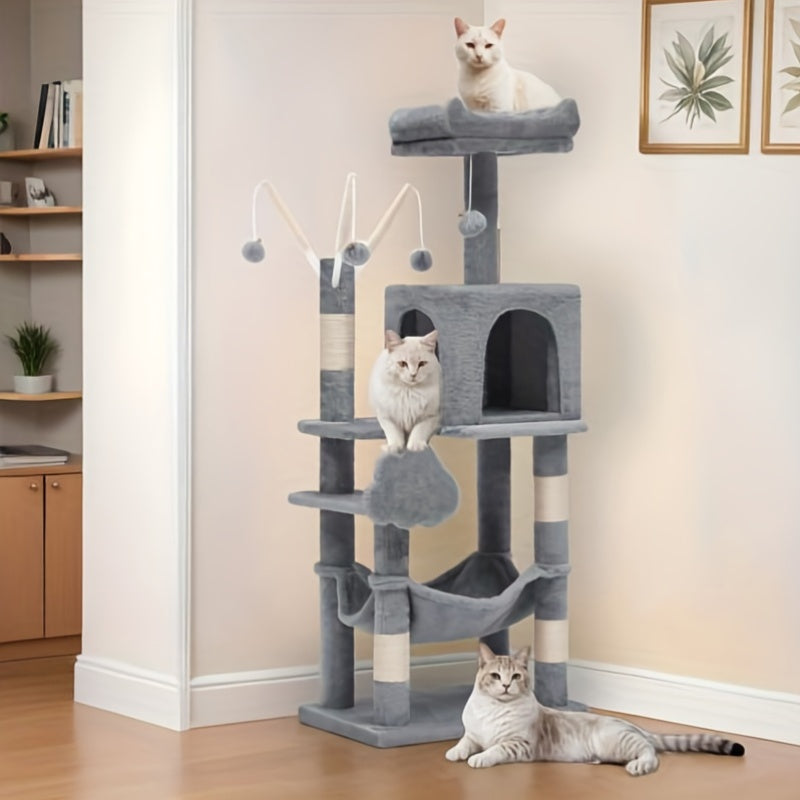 1pc YINTATECH Meowl Cat Tree Tower with Pompoms and Padded Platforms Multi Level Cat Condo with Scratching Posts and Hammock for Indoor Cats