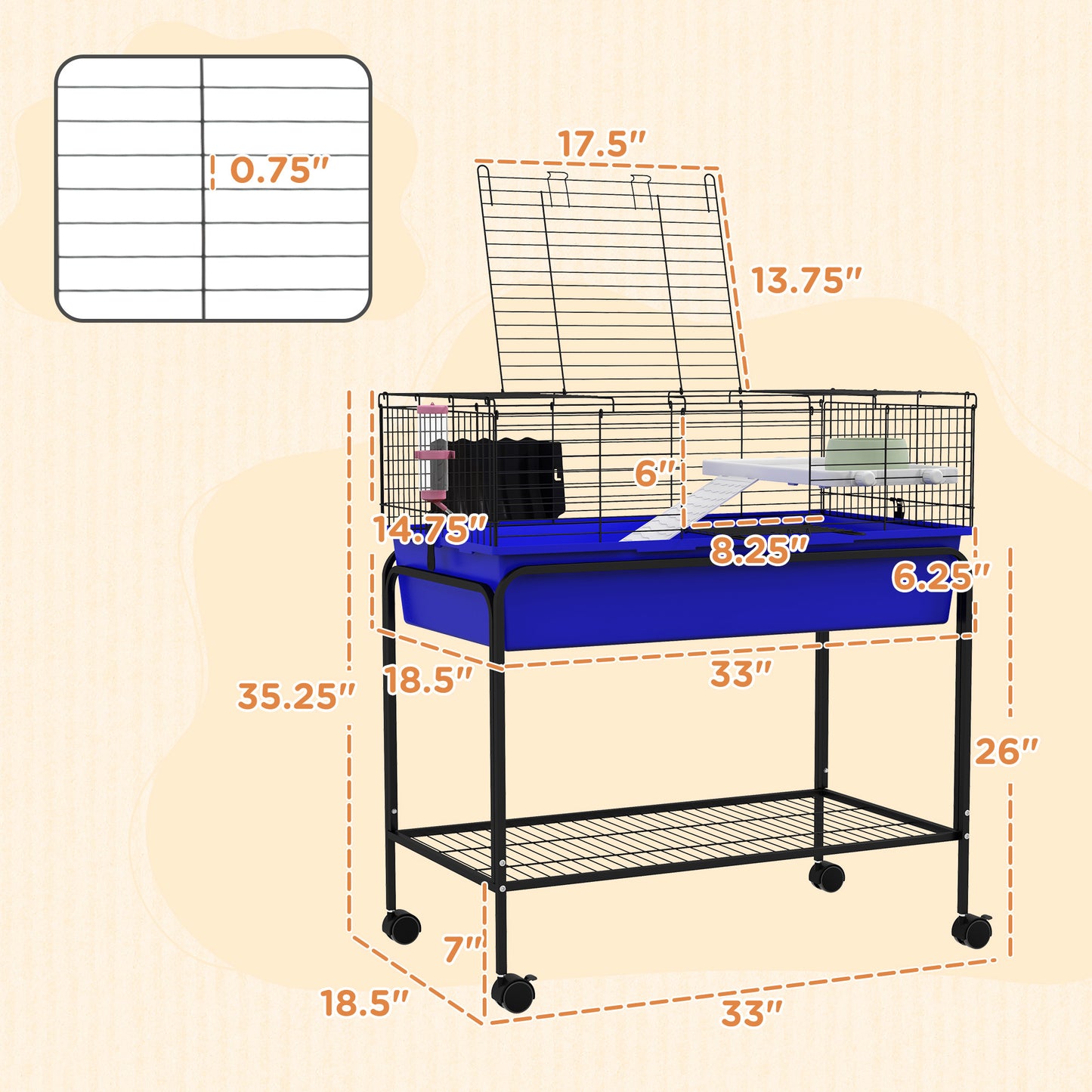 PawHut Two Story Small Animal Cage Removable from Stand Guinea Pig Hedgehog Chinchilla Ferret with Shelf and Wheels Pet Habitat