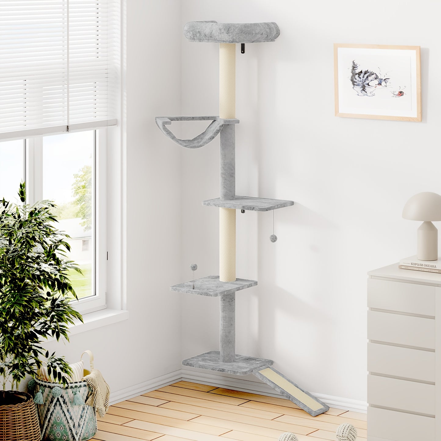 Cat Scratching Post Indoor Cat Tree Tower Multi Layer Cat Furniture Activity Center Comfortable Bed Interactive Ball Toy Wall Mounted Cat
