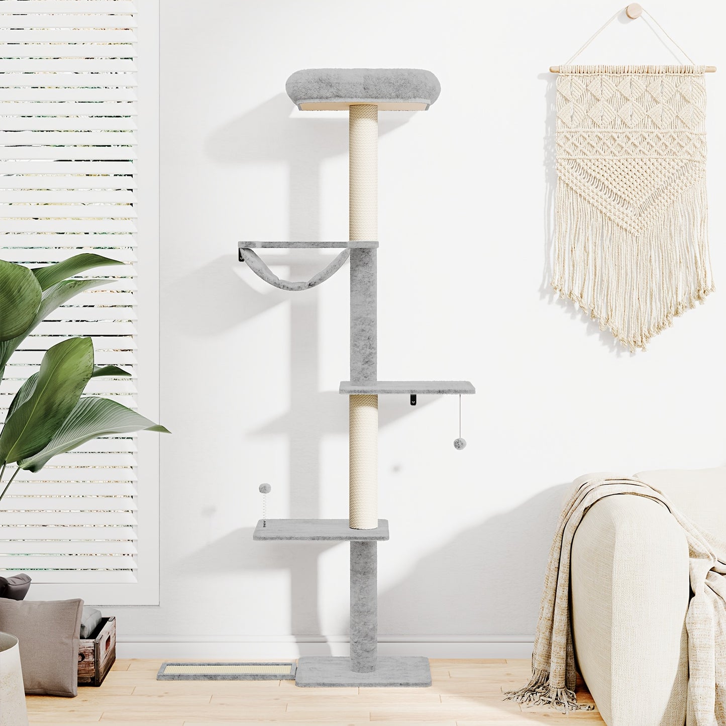 Cat Scratching Post Indoor Cat Tree Tower Multi Layer Cat Furniture Activity Center Comfortable Bed Interactive Ball Toy Wall Mounted Cat