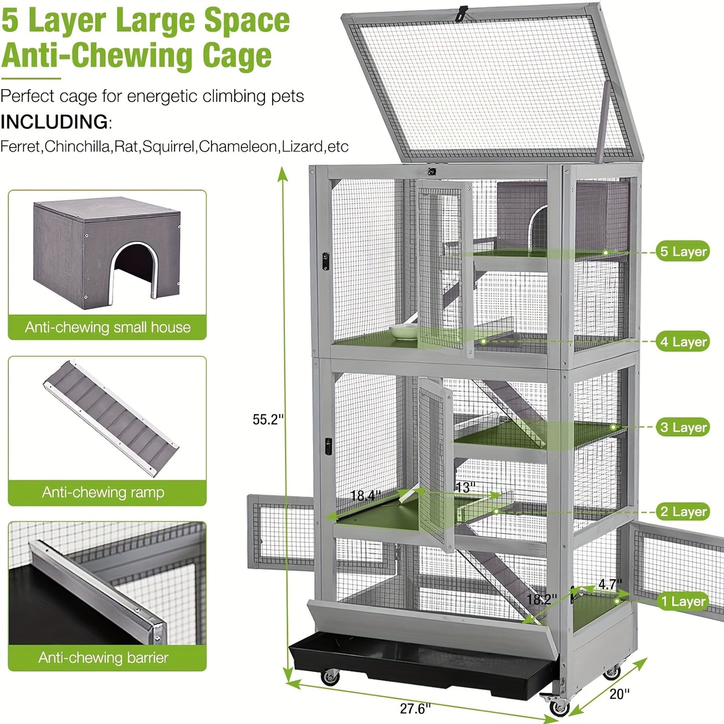 Aivituvin Hamster Cage 5 Levels Small Animal Cage for Chinchilla Hedgehogs Squirrel Chameleon Lizard Gerbils Anti Chewing Ferret Cage
