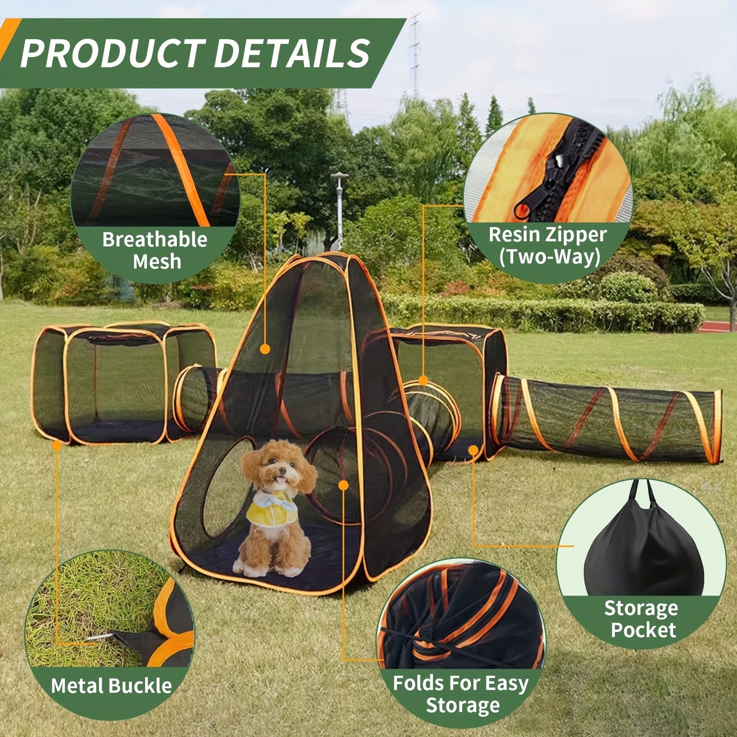6 In 1 Foldable Pet Playpen With Tunnel And Tent For Cats And Dogs Outdoor Pop Up Cage Fence Black Fabric With Orange Accents Interactive Design For Indoor Outdoor Use