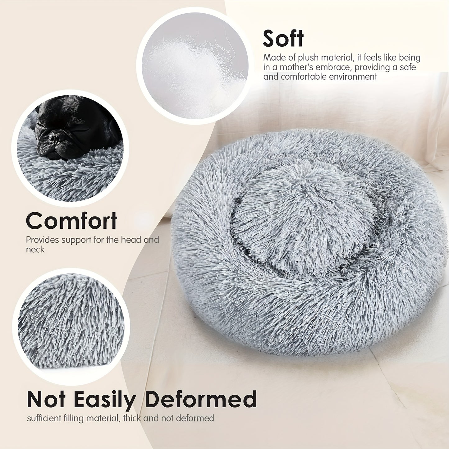 Calming Donut Pet Bed for Small and Medium Dogs and Cats Washable Round Fluffy Polyester Bed with Plush Comfort Indoor Cozy Bedding for Puppies Kittens and French Bulldogs