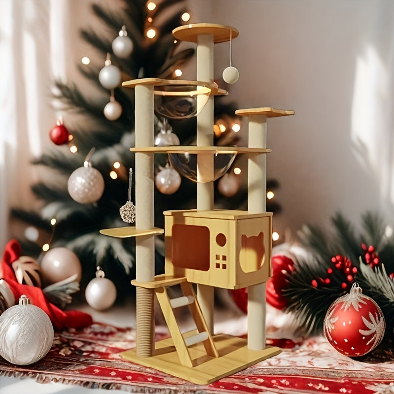 51 Inch Modern Cat Tree With Acrylic Dome Wooden Cat Tower Multi Level Wood Cat Condo Round Top Perch Scratching Post