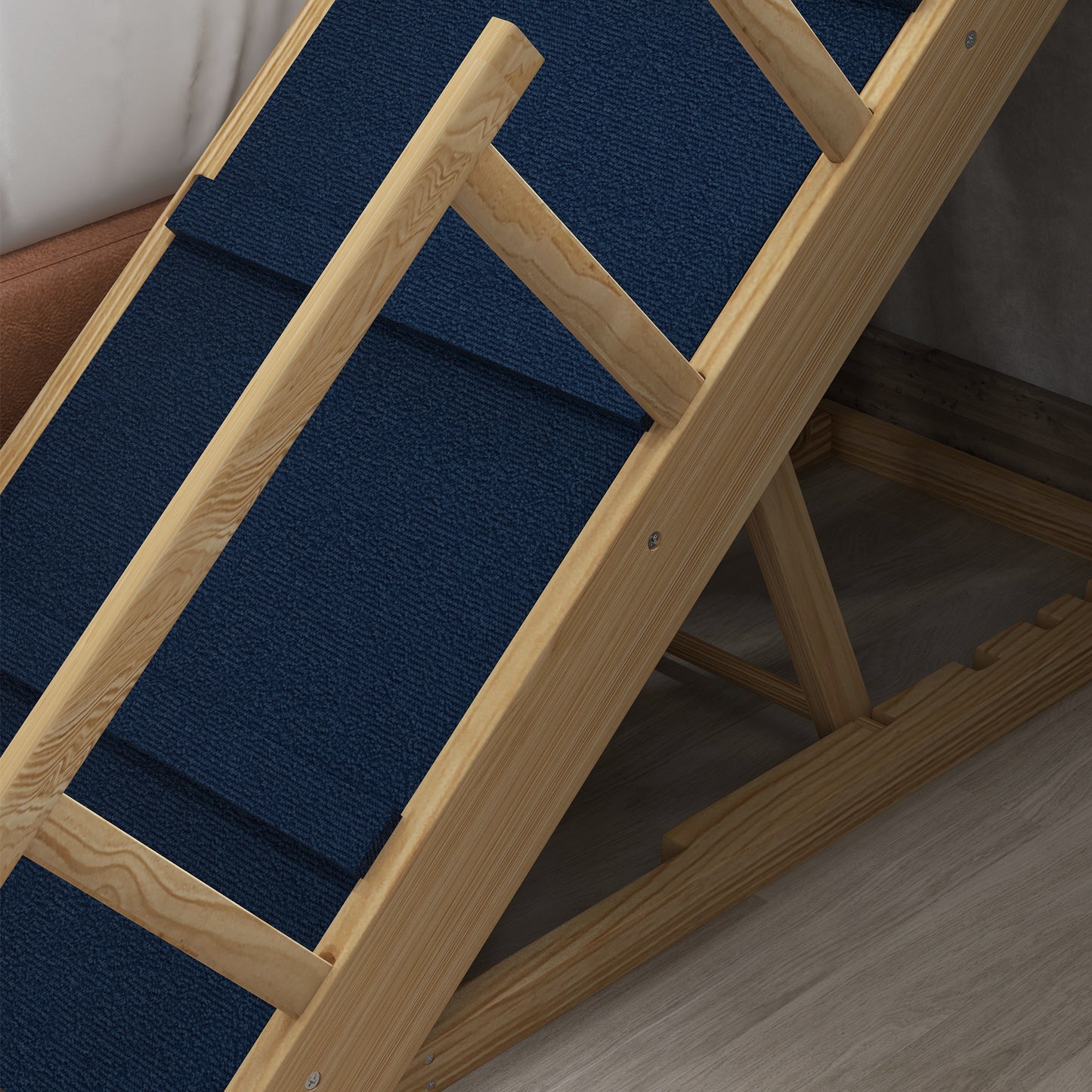 PawHut Adjustable Dog Ramp Foldable Wooden Pet Stairs with Non-Slip Mat for Small to Large Dogs Natural Wood Finish