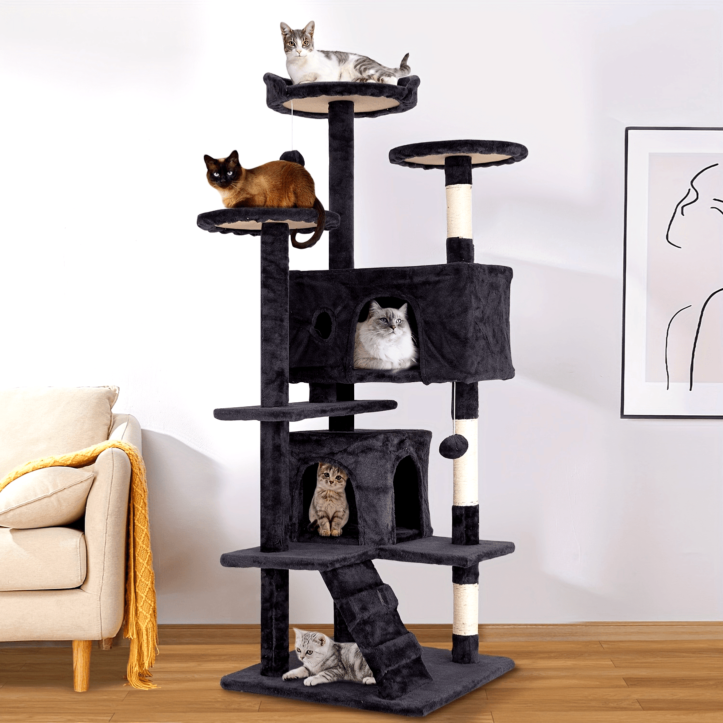 DOPINMIN 54 Inch Cat Tree Tower For Indoor Cats Multi Level Furniture Activity Center With Scratching Posts Stand House Condo Funny Toys Kittens Pet Play House Dark Gray
