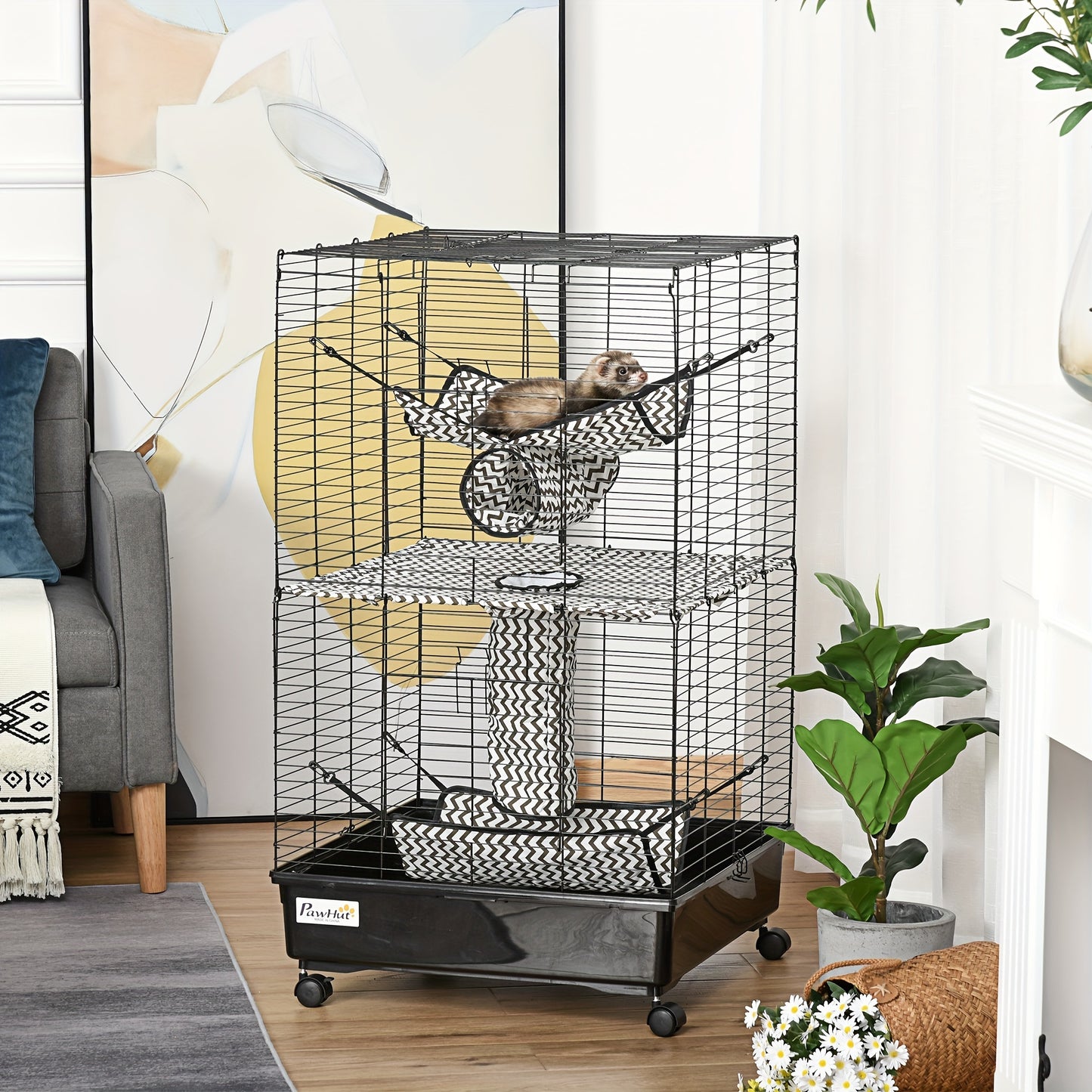 PawHut 42" Ferret Cage with Wheels and Hammocks, Black